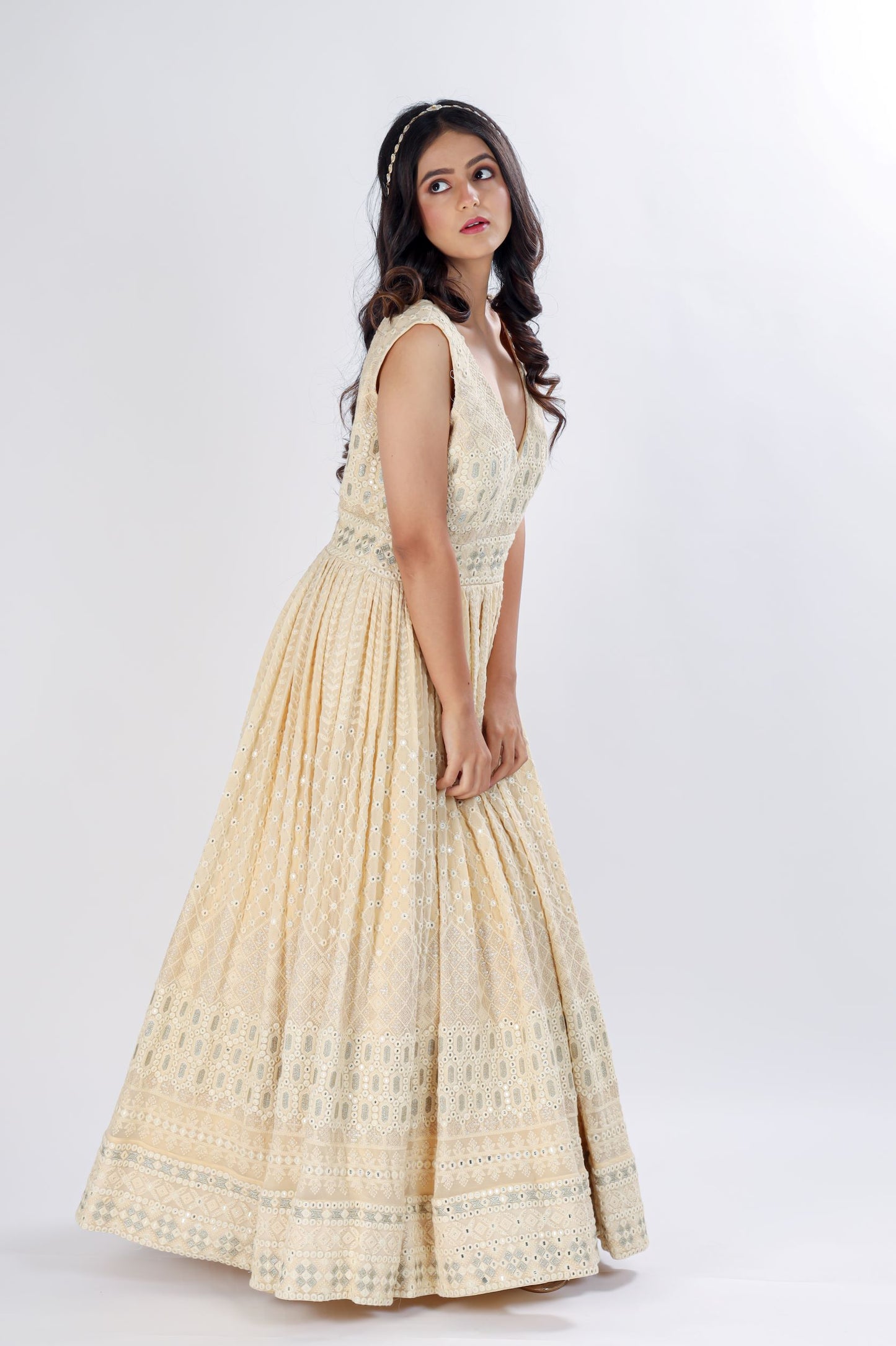 AMOGHA - Elegant self-embroidered gown with deep V neck