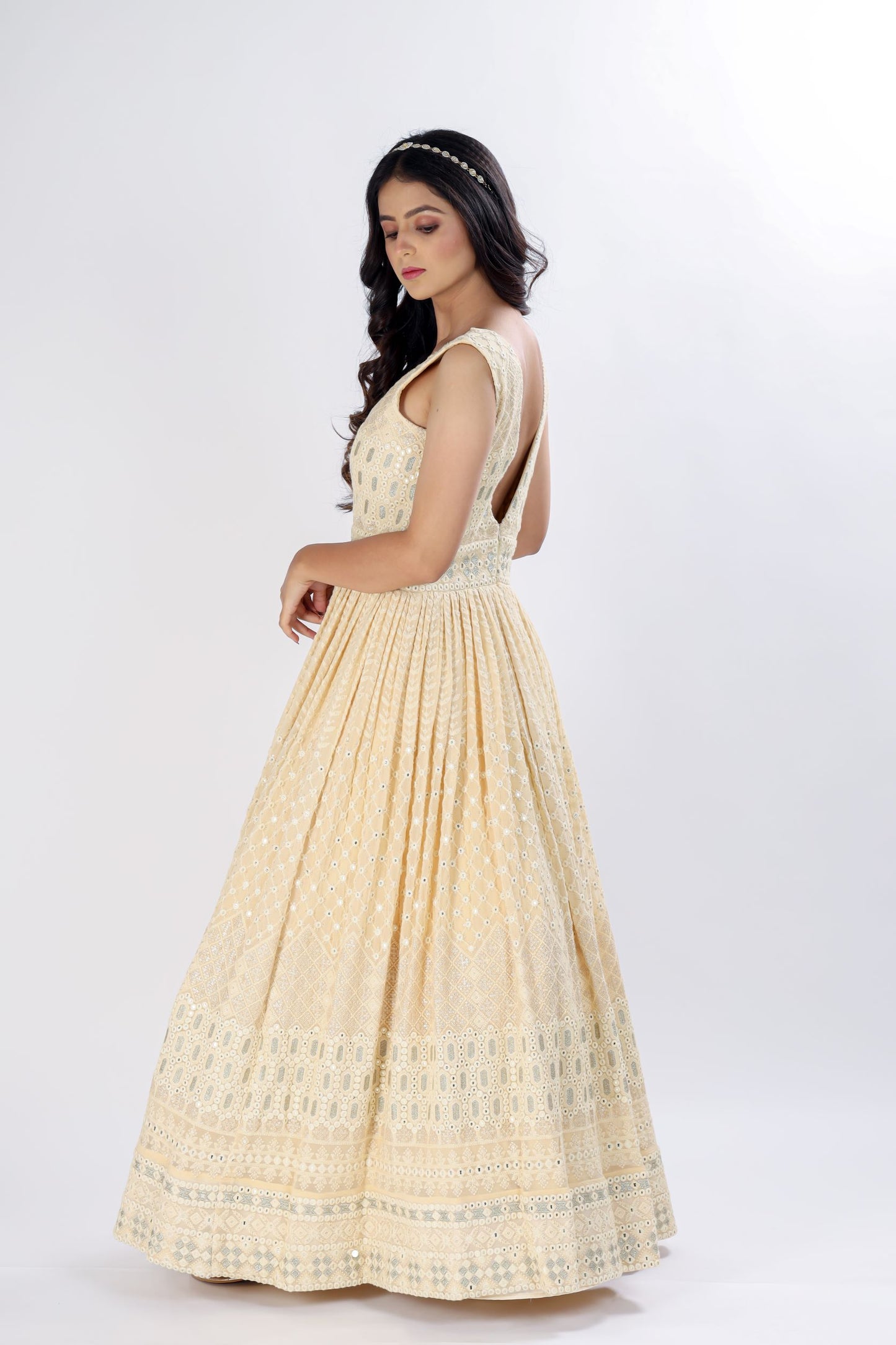 AMOGHA - Elegant self-embroidered gown with deep V neck