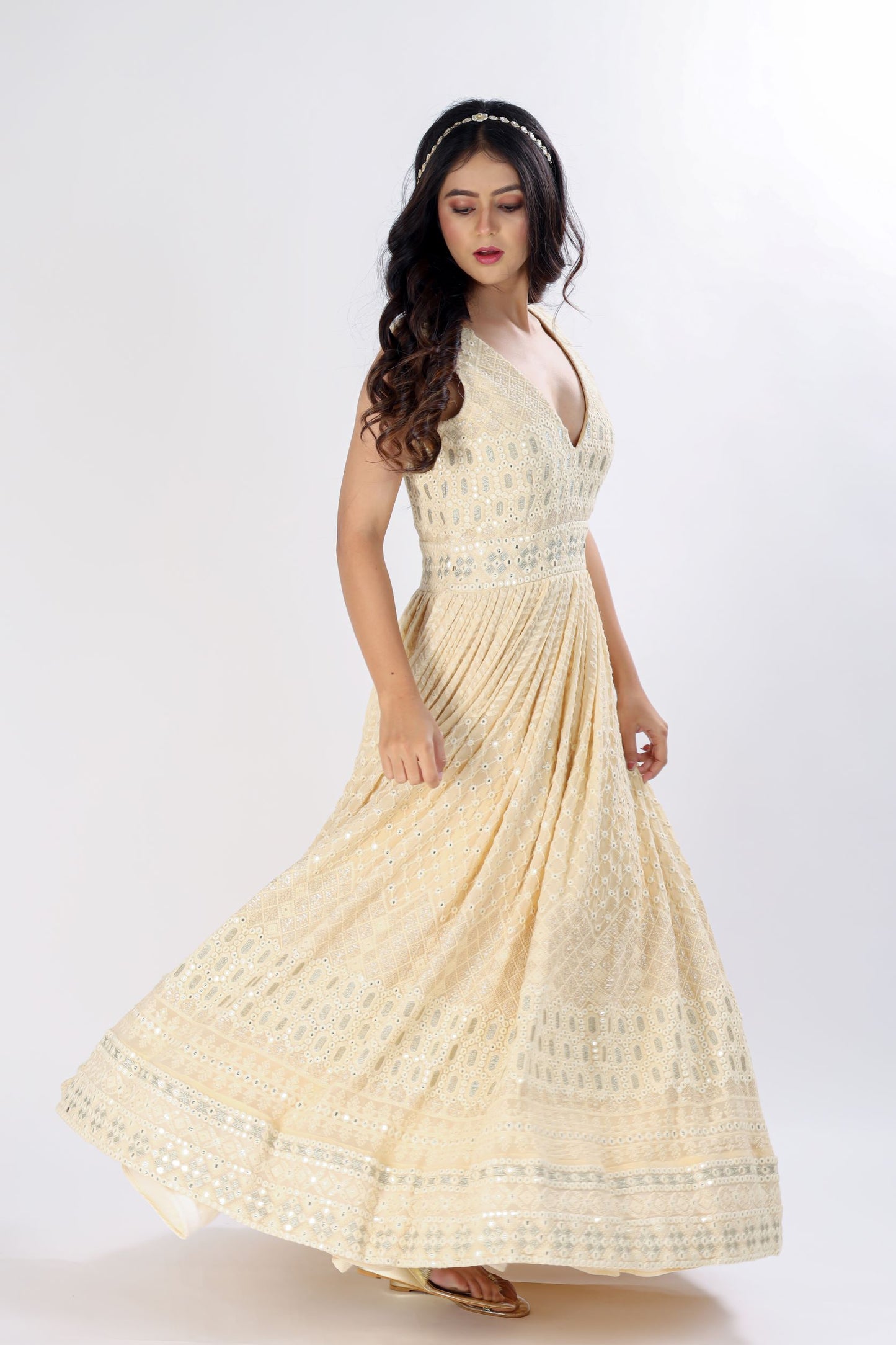 AMOGHA - Elegant self-embroidered gown with deep V neck