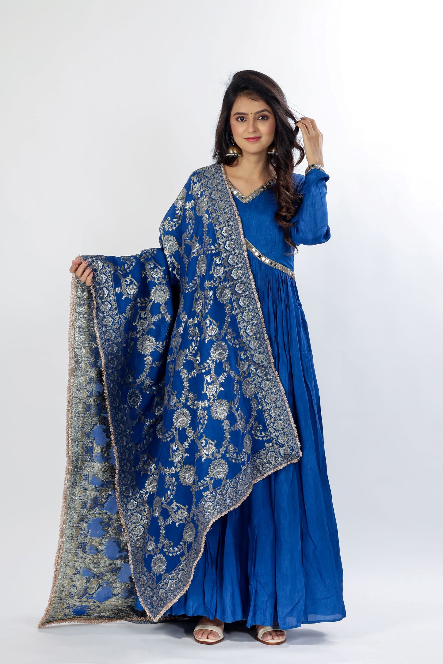 VARUNA - Cobalt Blue Anarkali kurta with pants and silk banarasi dupatta