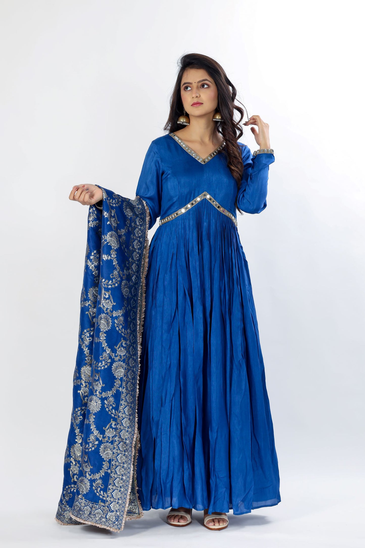 VARUNA - Cobalt Blue Anarkali kurta with pants and silk banarasi dupatta