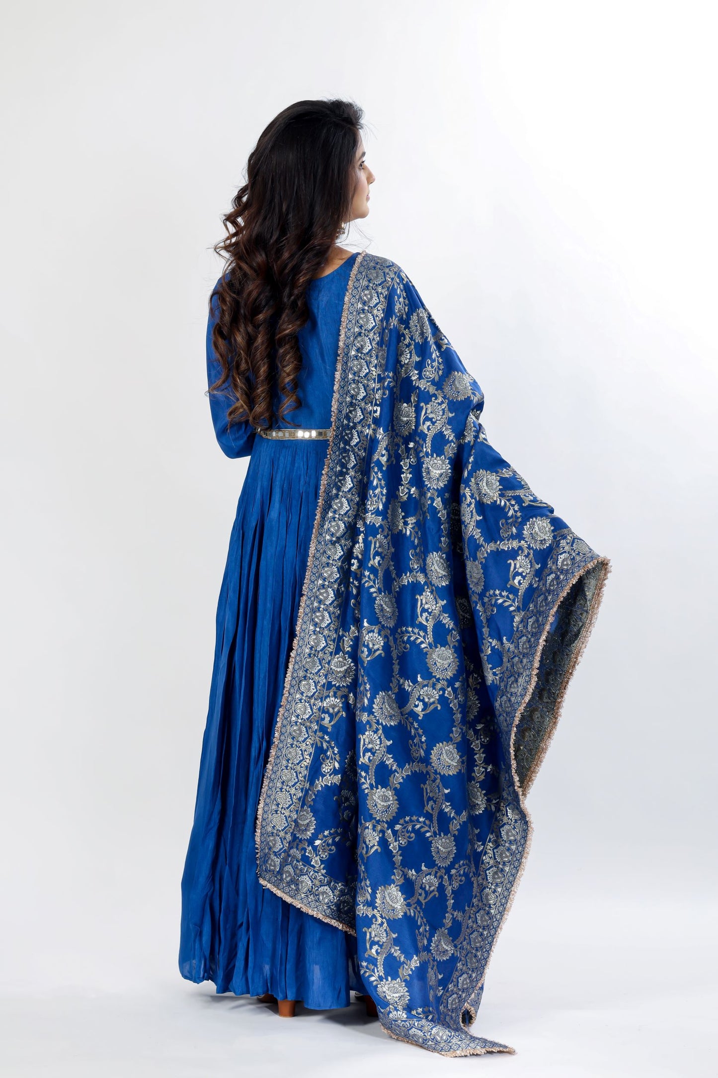 VARUNA - Cobalt Blue Anarkali kurta with pants and silk banarasi dupatta