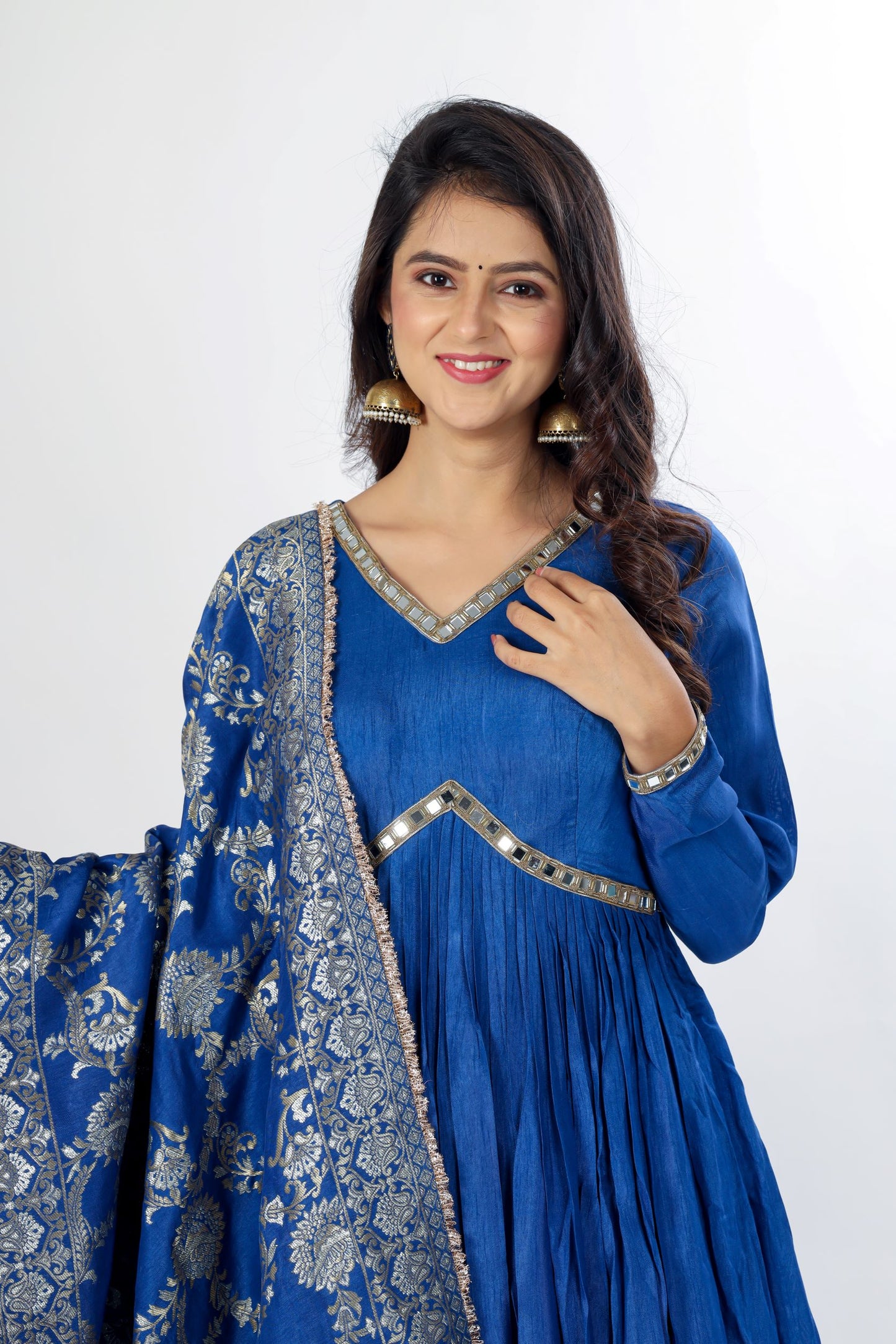 VARUNA - Cobalt Blue Anarkali kurta with pants and silk banarasi dupatta