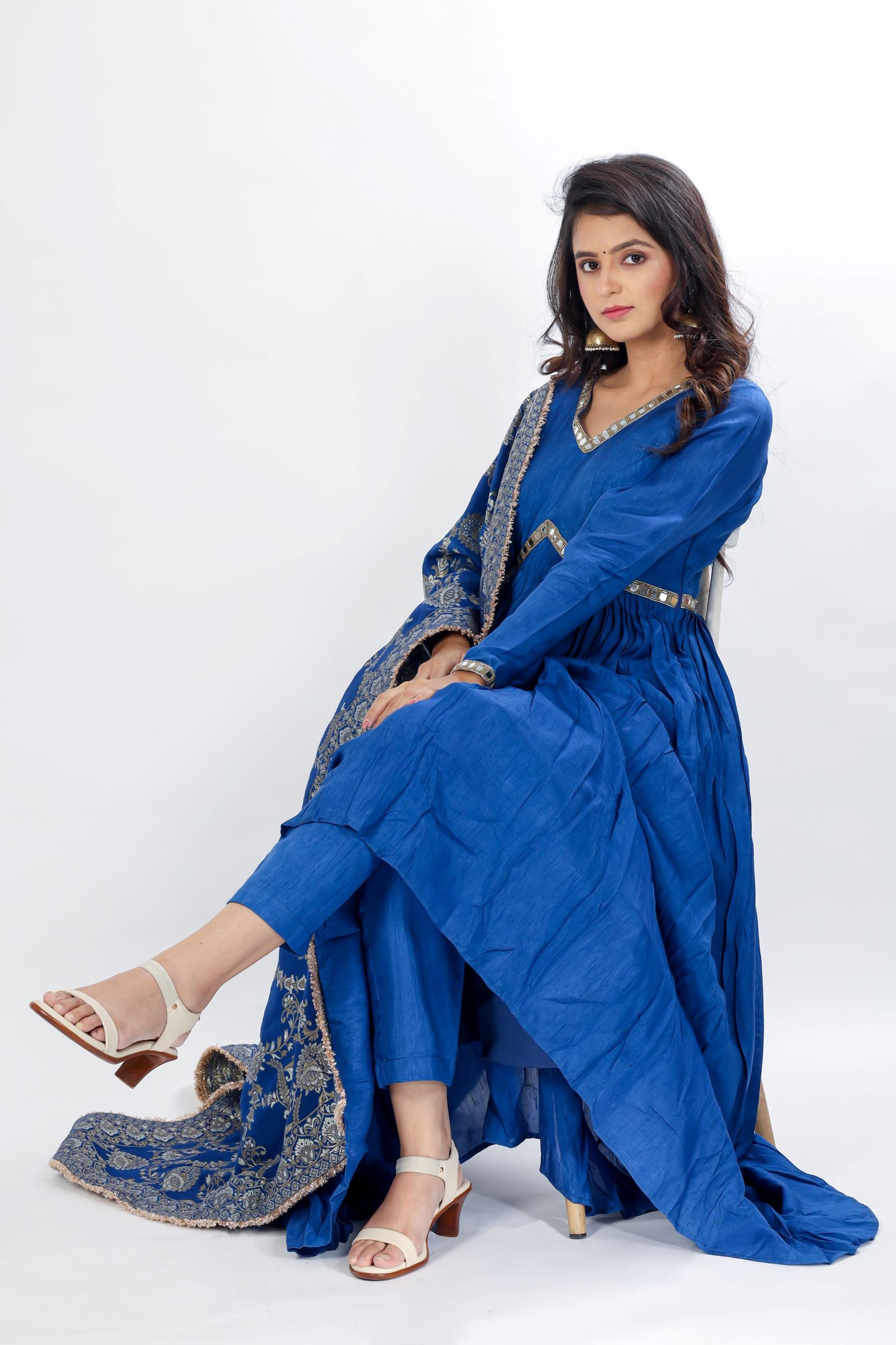 VARUNA - Cobalt Blue Anarkali kurta with pants and silk banarasi dupatta