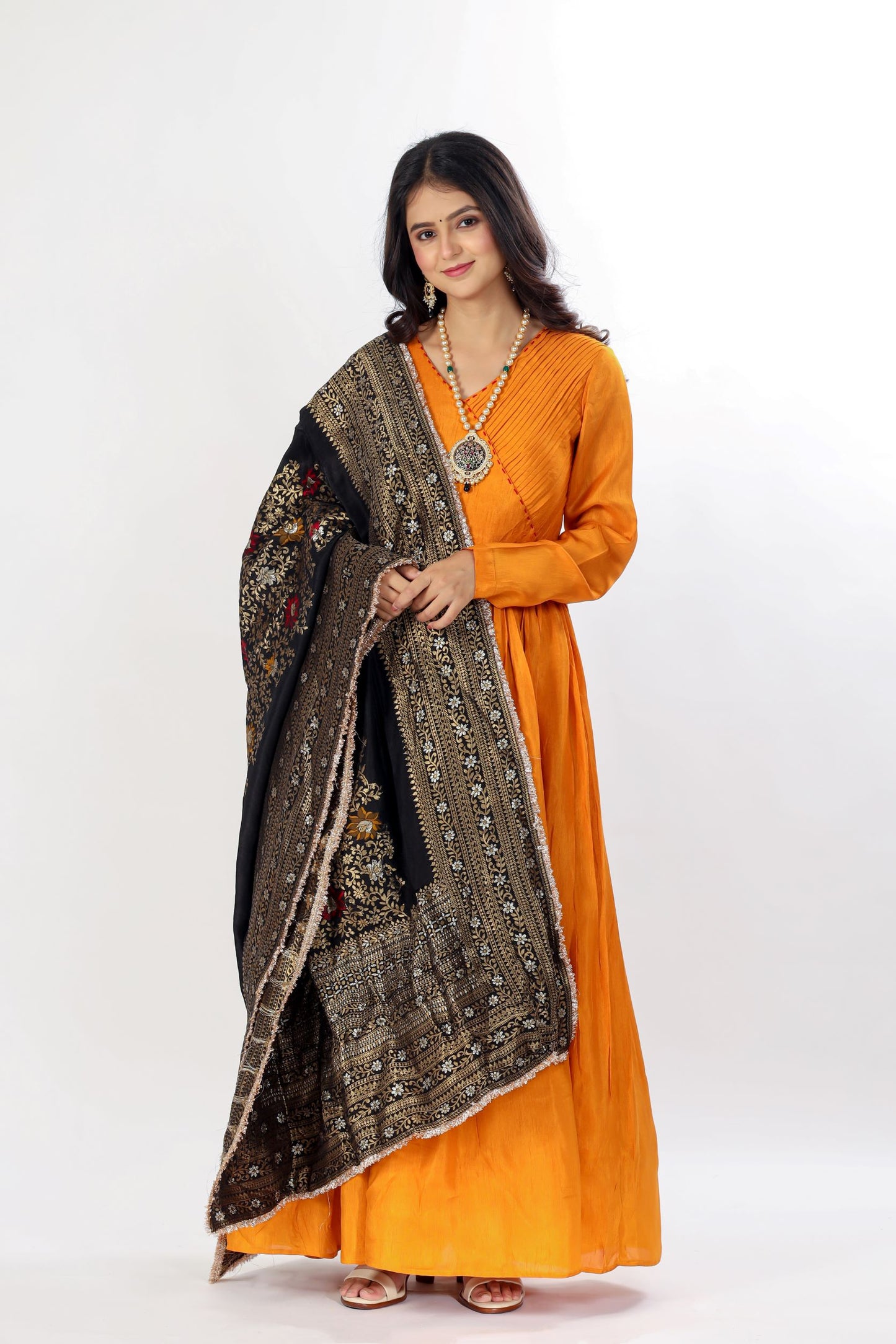 MANITA - Marigold Orange Angrakha Kurta with Pant and contrast dupatta