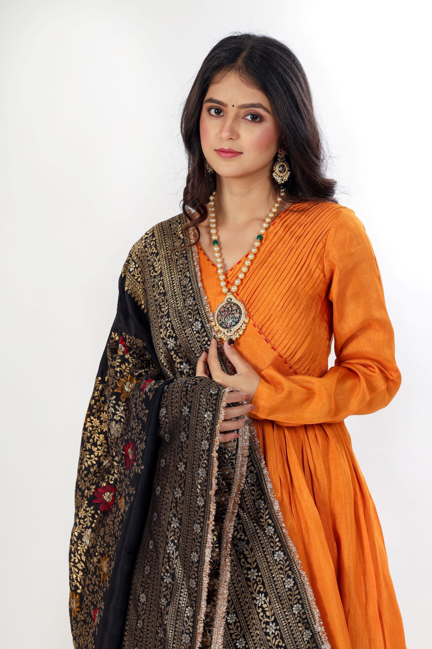 MANITA - Marigold Orange Angrakha Kurta with Pant and contrast dupatta