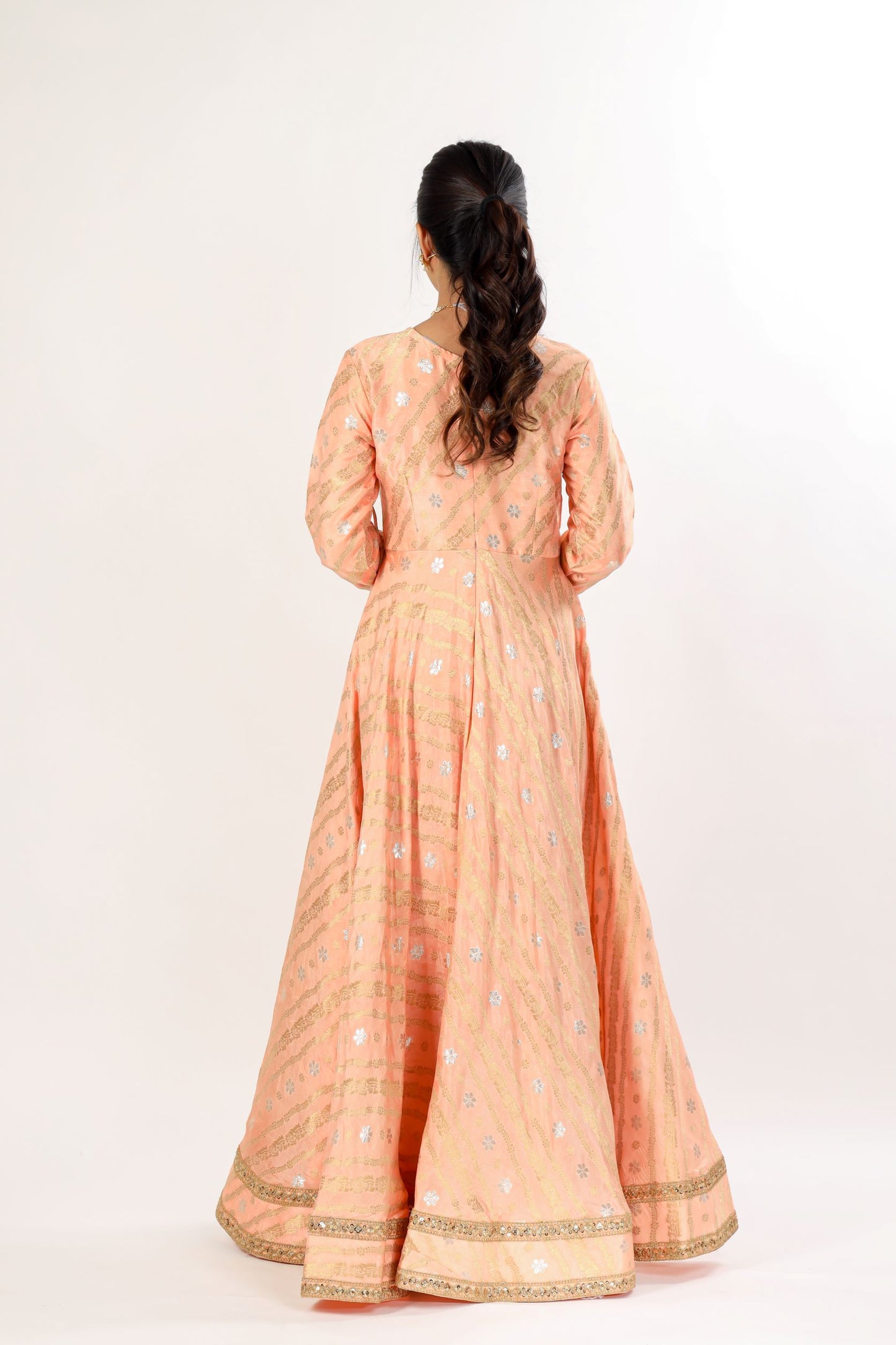 MANJYOT - Peach and gold Angrakha Gown with tassels attached