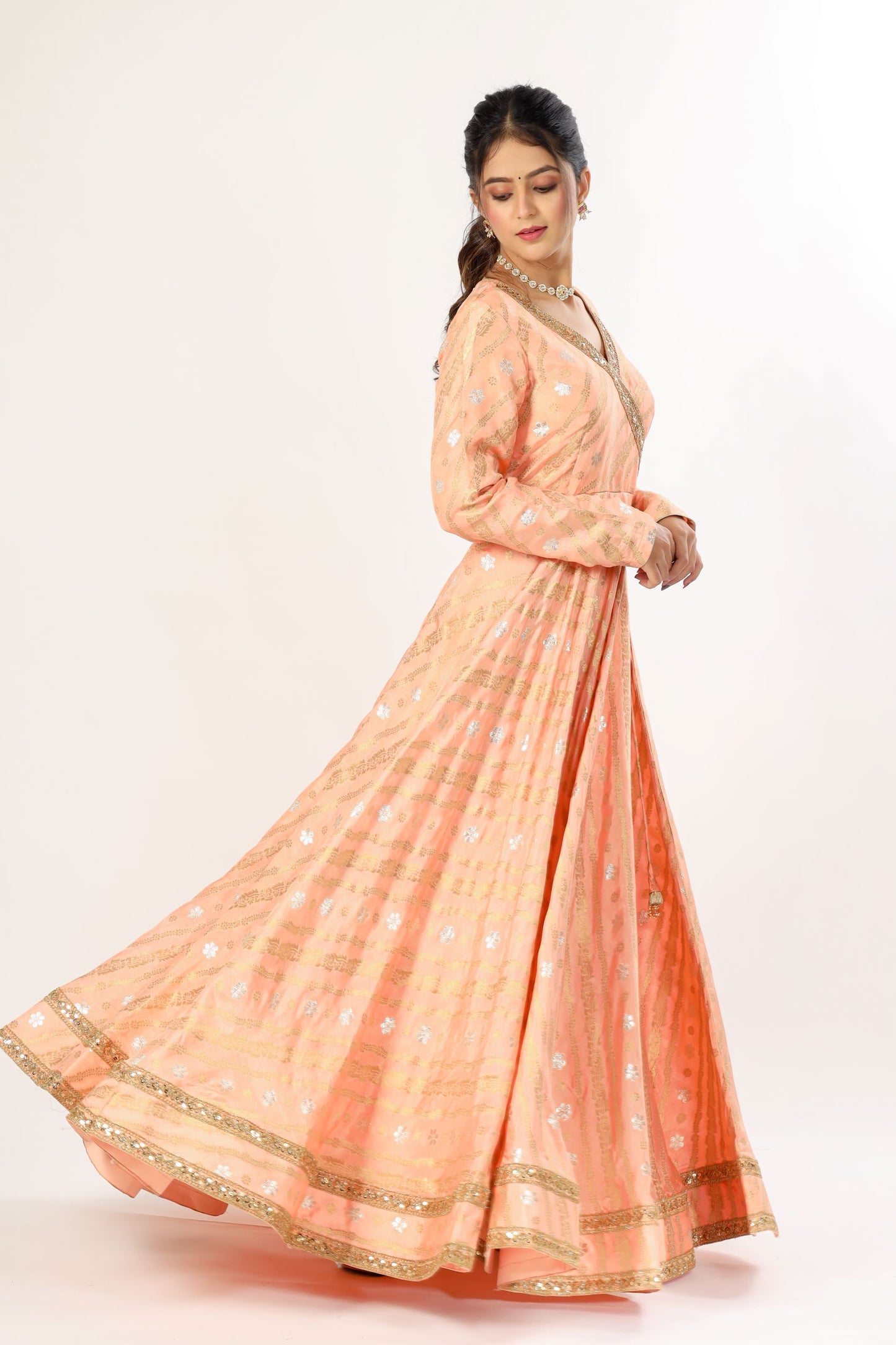 MANJYOT - Peach and gold Angrakha Gown with tassels attached