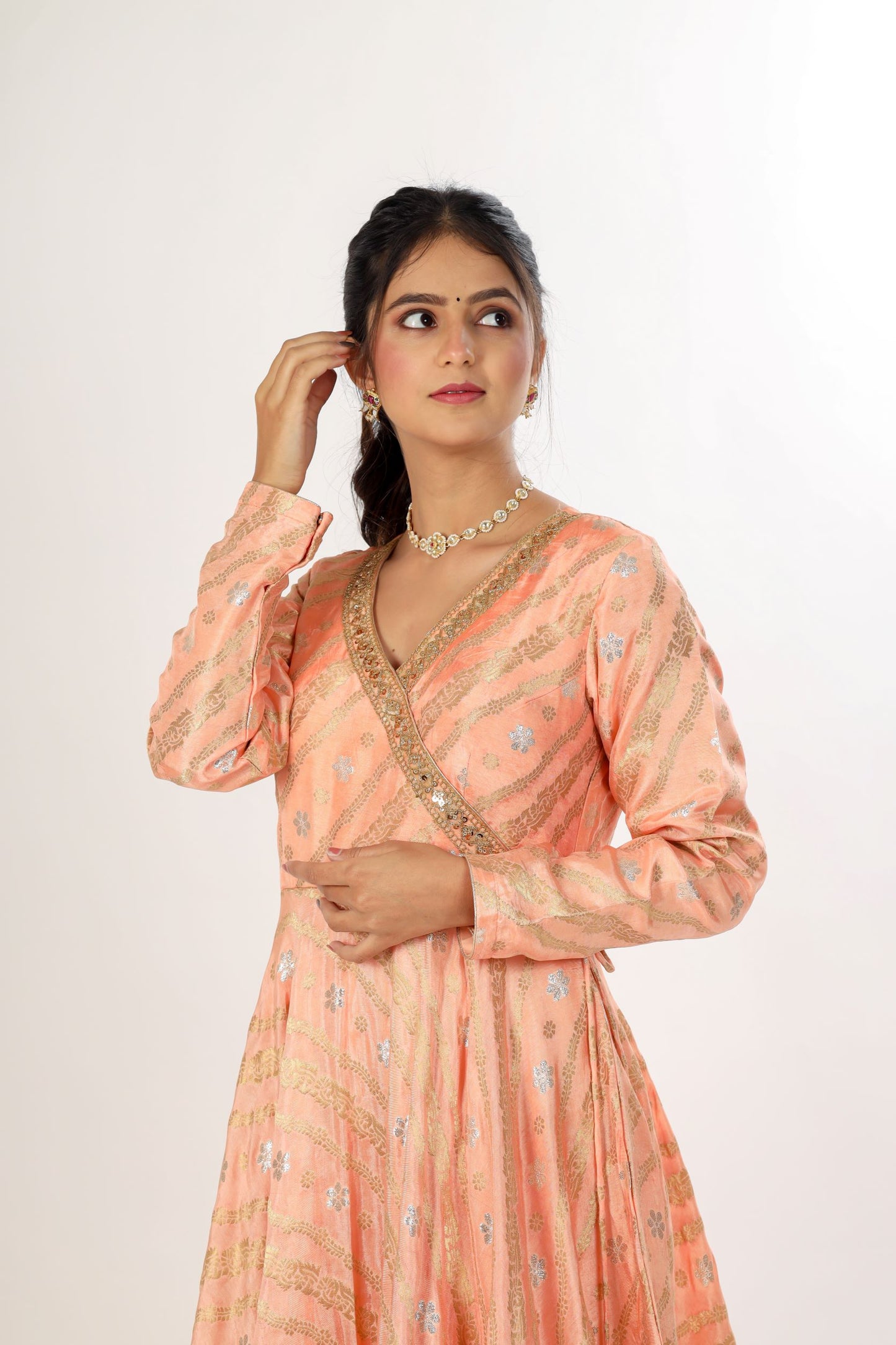 MANJYOT - Peach and gold Angrakha Gown with tassels attached