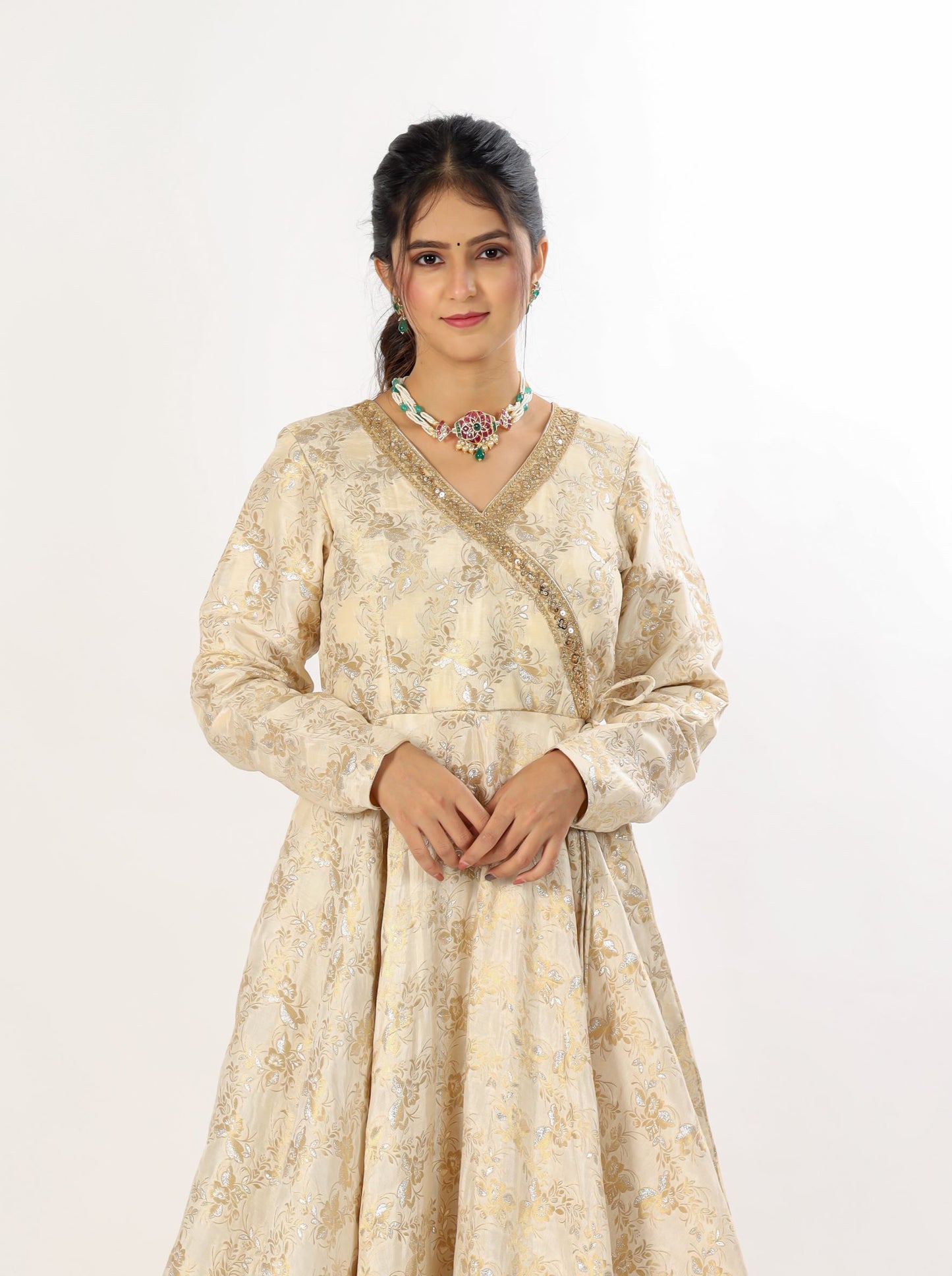 MEKSHA - Ivory and gold Angrakha Kurta gown with attached tassels