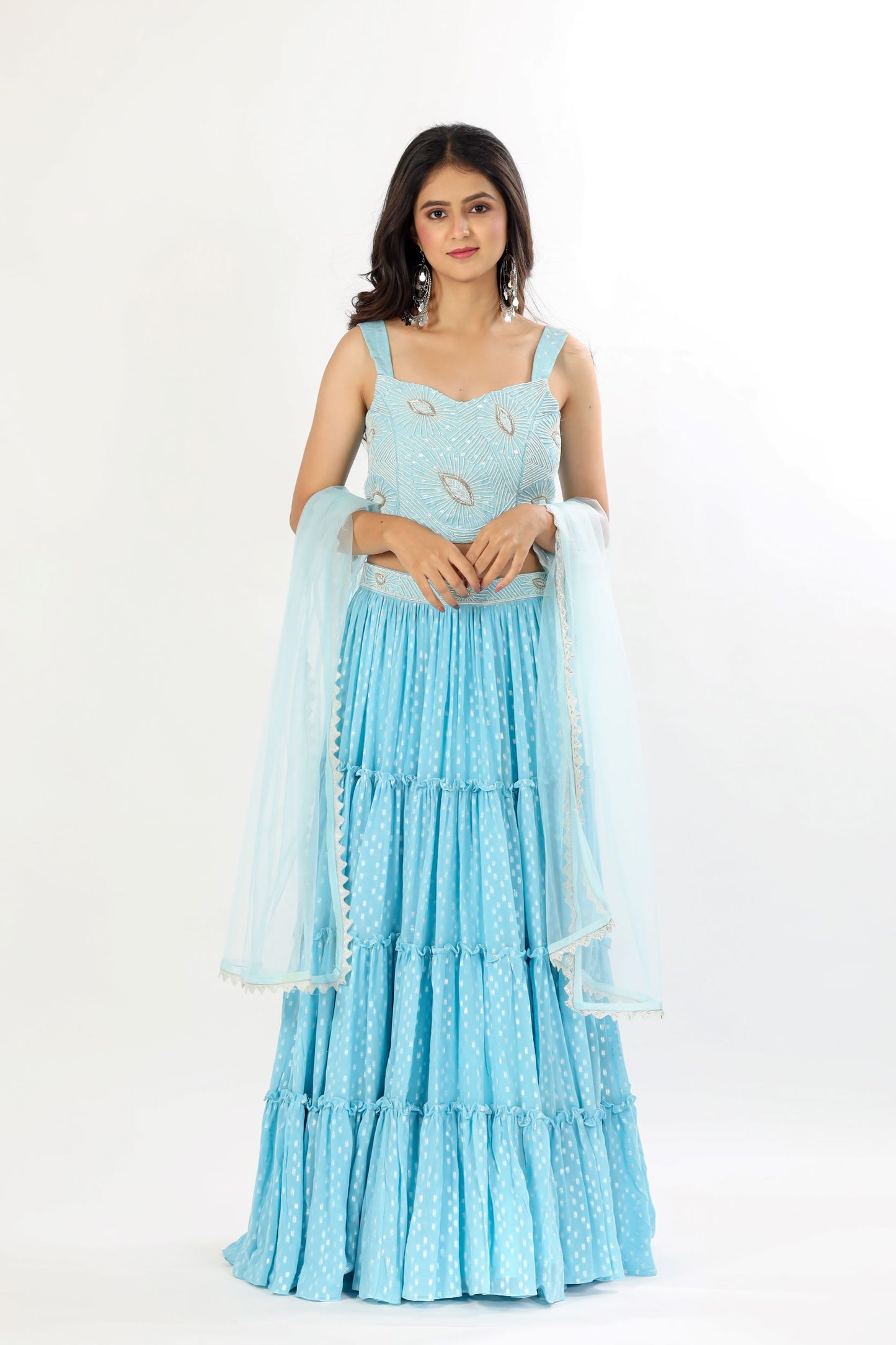 GIANA - Sky blue tiered lehenga with handwork choli and dupatta