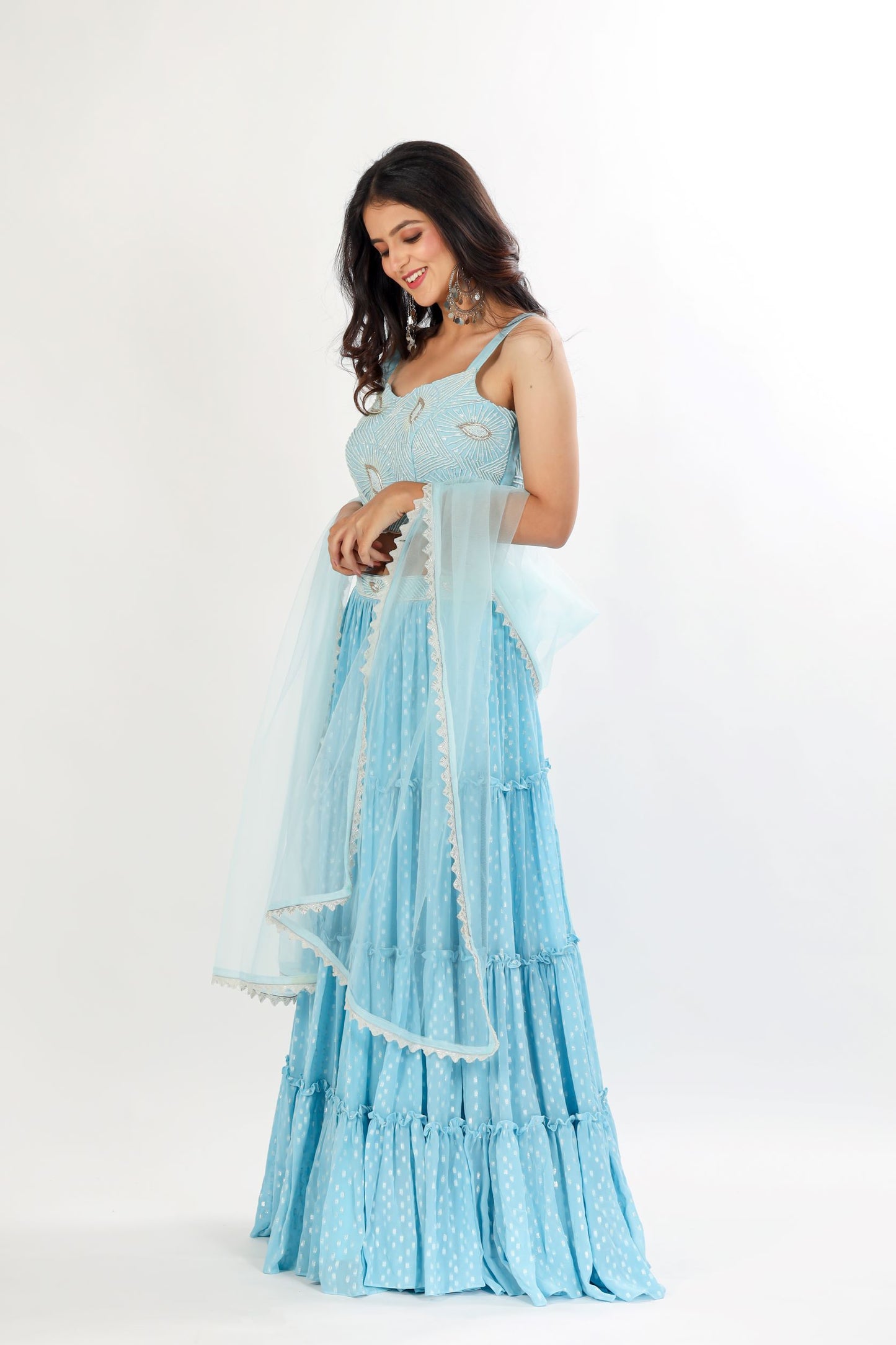 GIANA - Sky blue tiered lehenga with handwork choli and dupatta