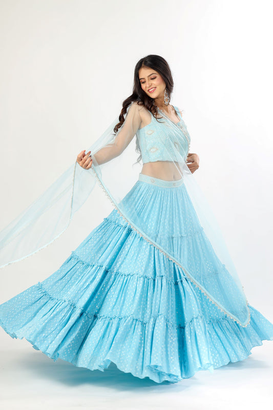 GIANA - Sky blue tiered lehenga with handwork choli and dupatta