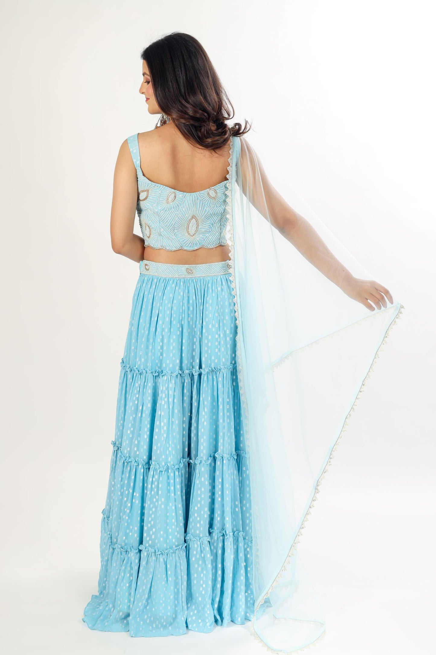 GIANA - Sky blue tiered lehenga with handwork choli and dupatta