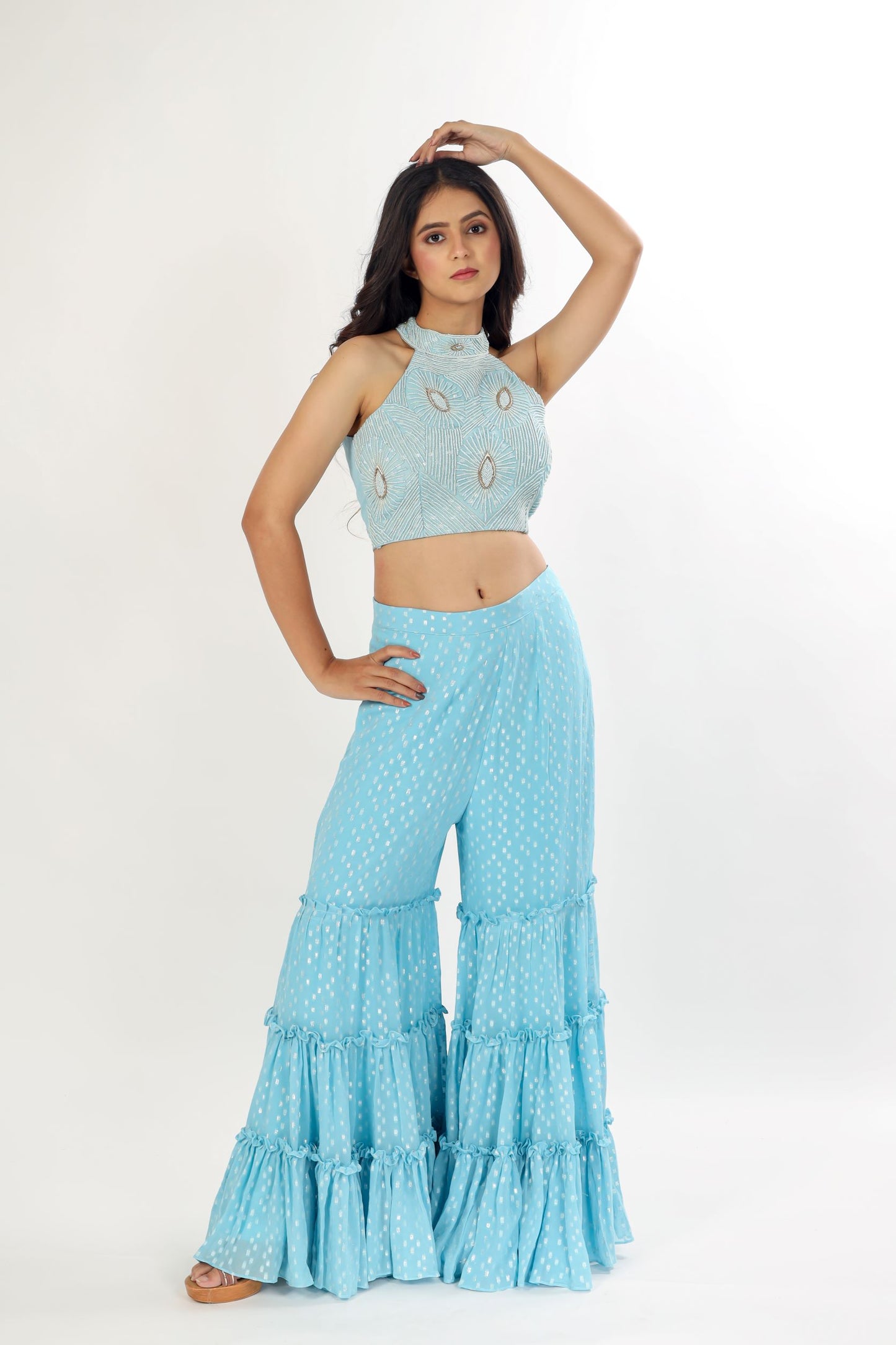 AISH - Sky Blue indo-fusion tiered Sharara with hand work blouse and dupatta