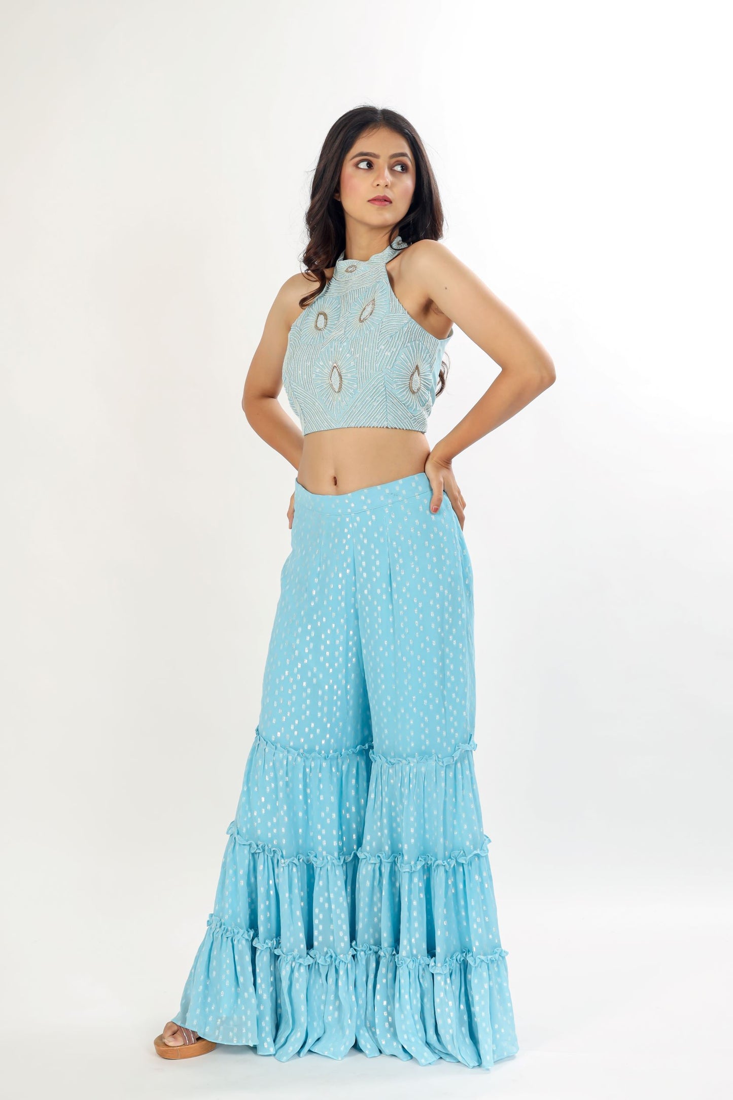 AISH - Sky Blue indo-fusion tiered Sharara with hand work blouse and dupatta