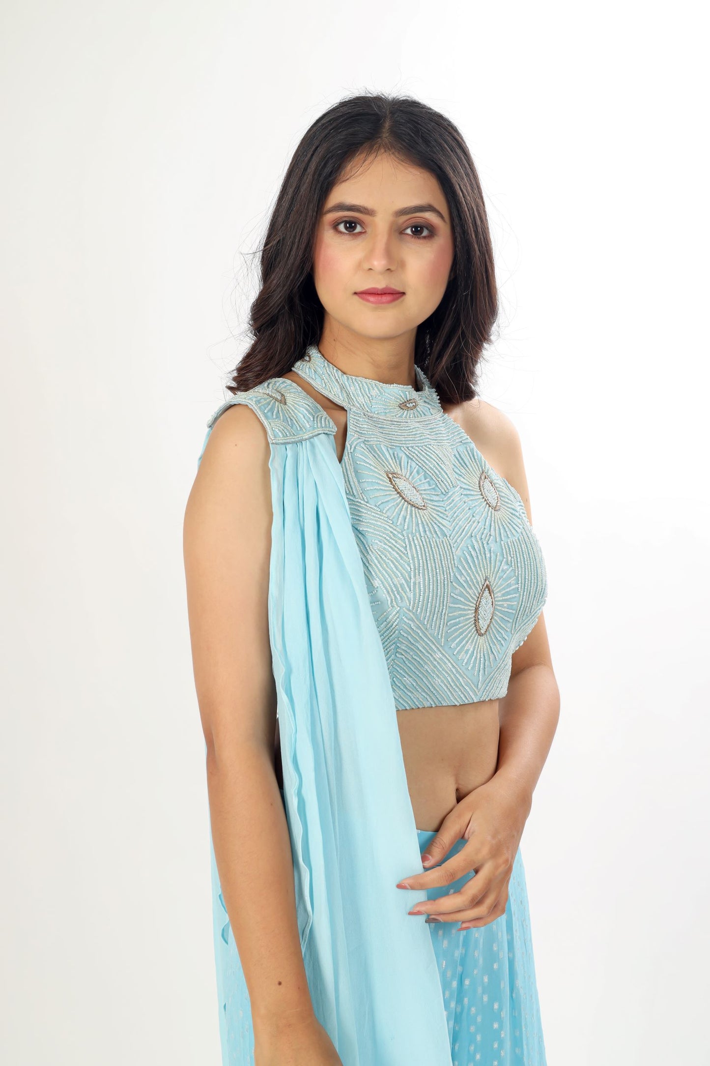 AISH - Sky Blue indo-fusion tiered Sharara with hand work blouse and dupatta