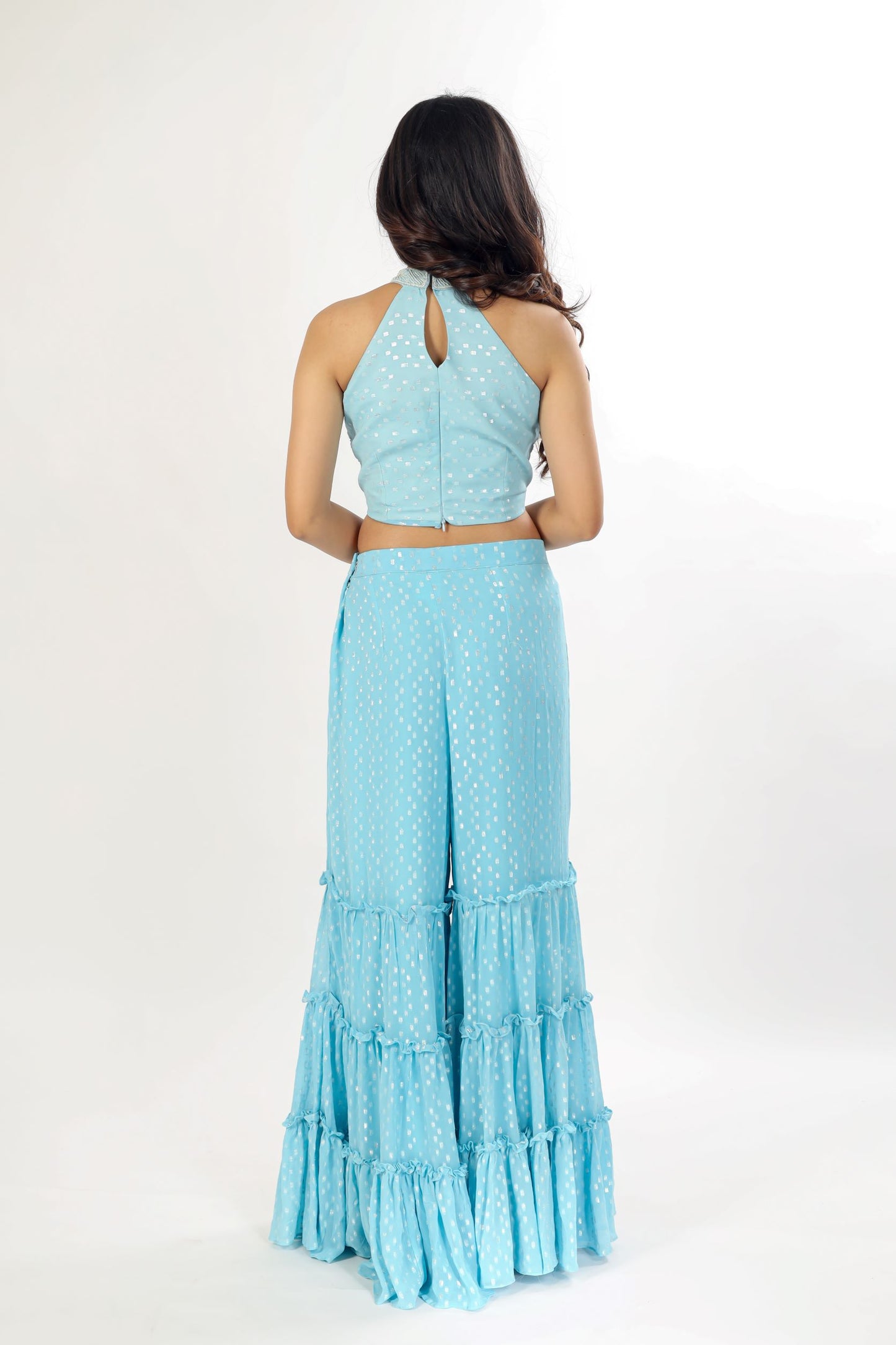 AISH - Sky Blue indo-fusion tiered Sharara with hand work blouse and dupatta