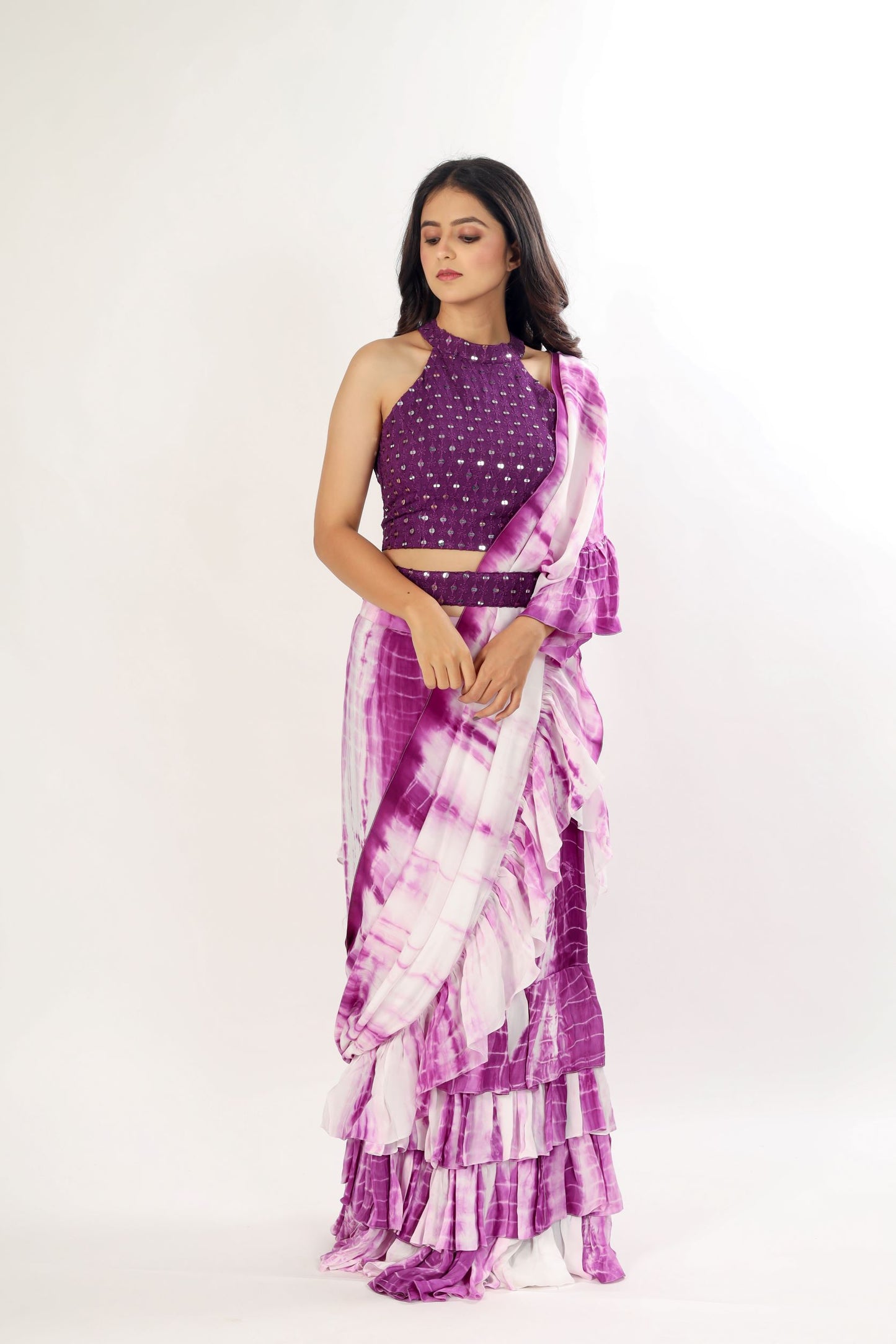 IRAJA - Ruffled Saree with high neck blouse and belt