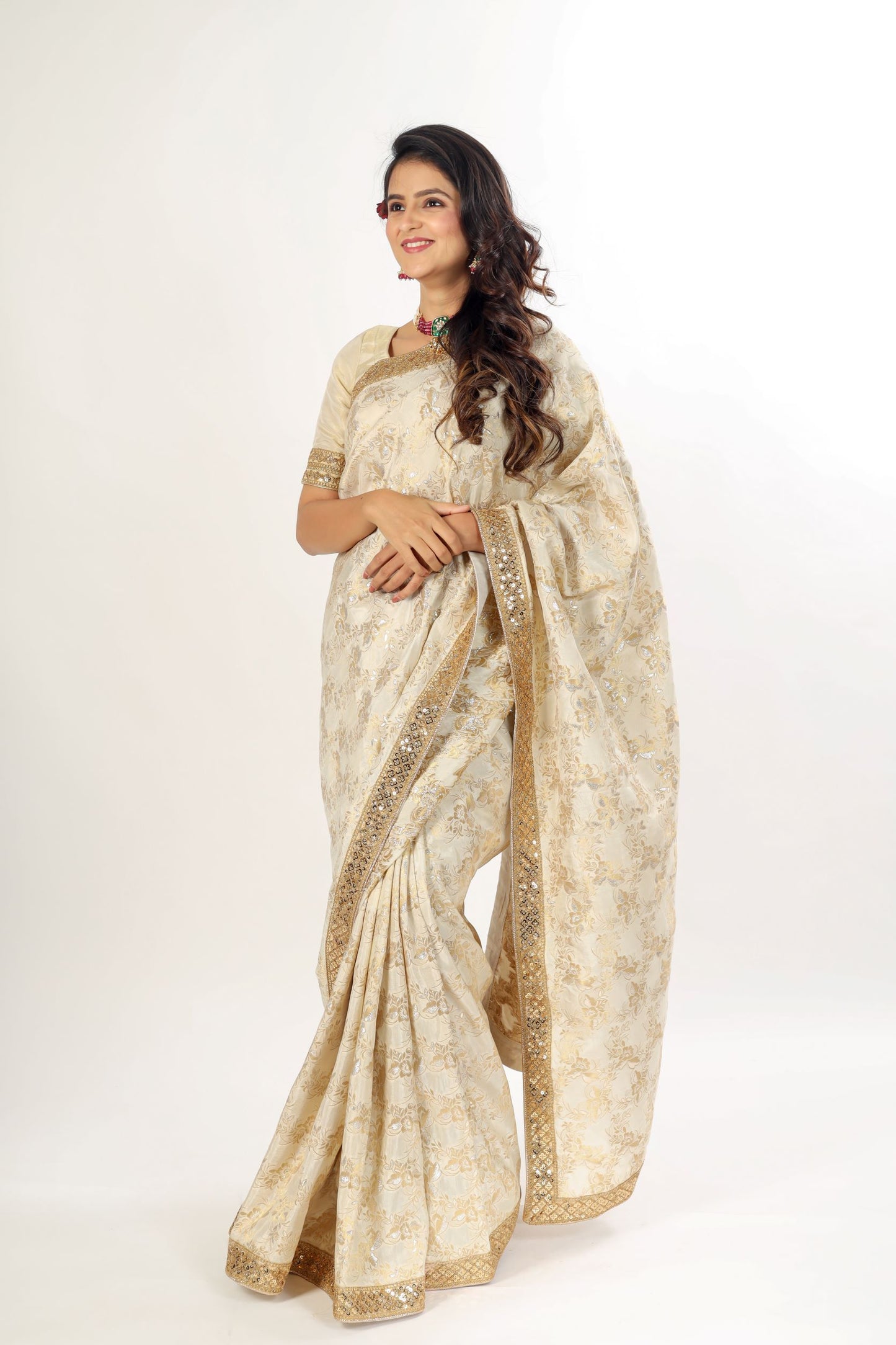 TAHKSHI - Ivory Gold Jamdani weaved banarasi Silk saree