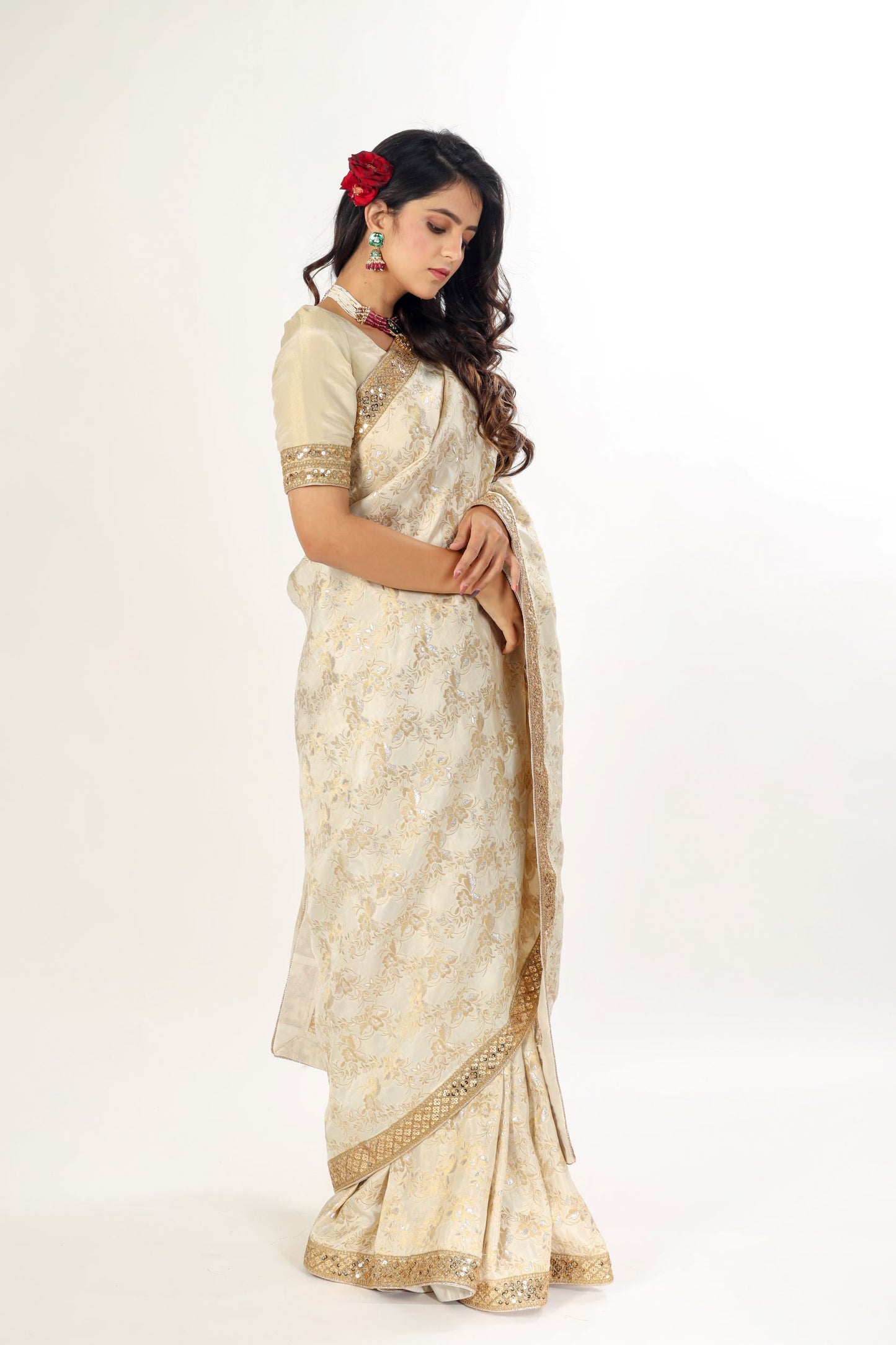 TAHKSHI - Ivory Gold Jamdani weaved banarasi Silk saree