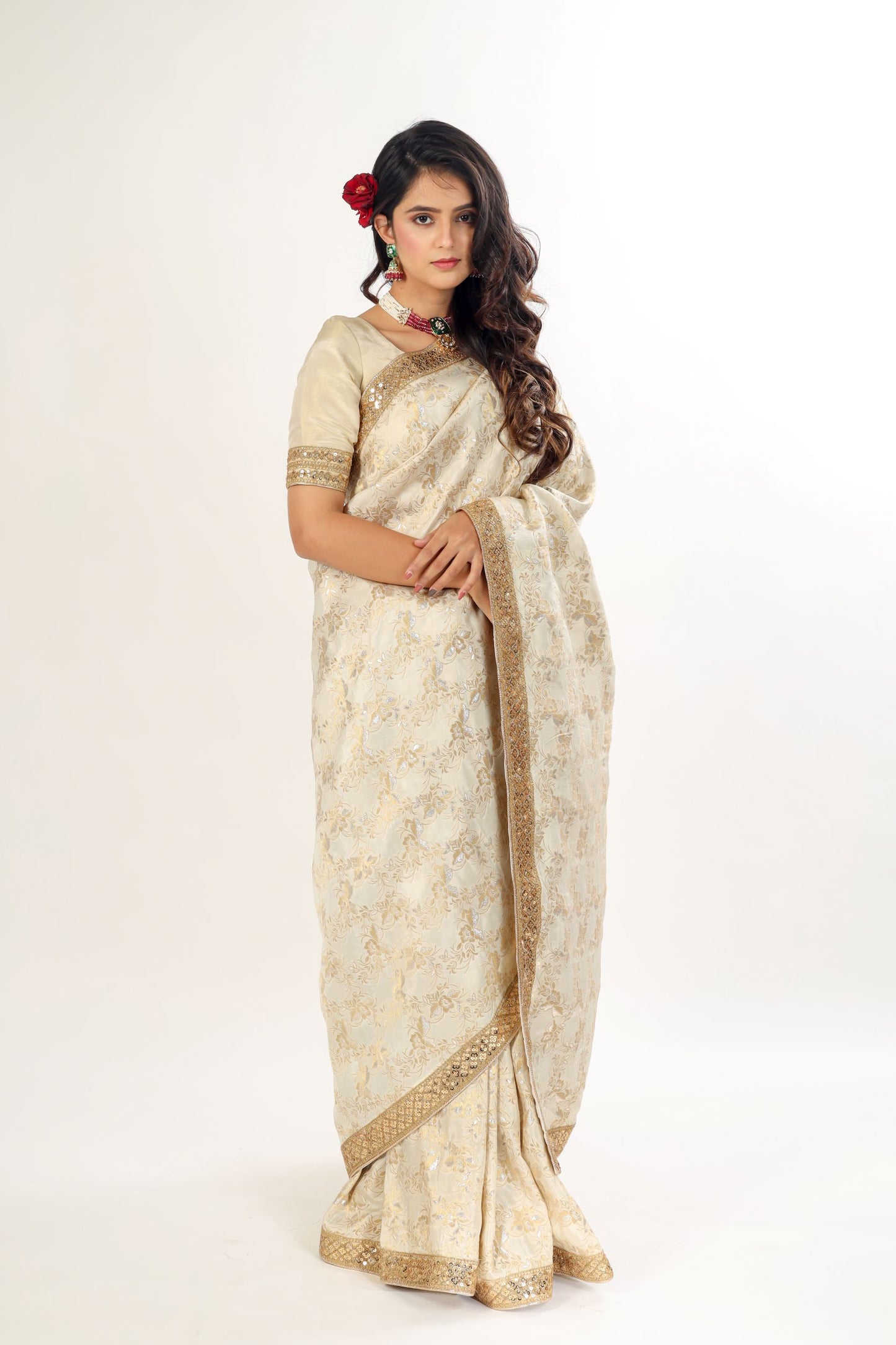 TAHKSHI - Ivory Gold Jamdani weaved banarasi Silk saree