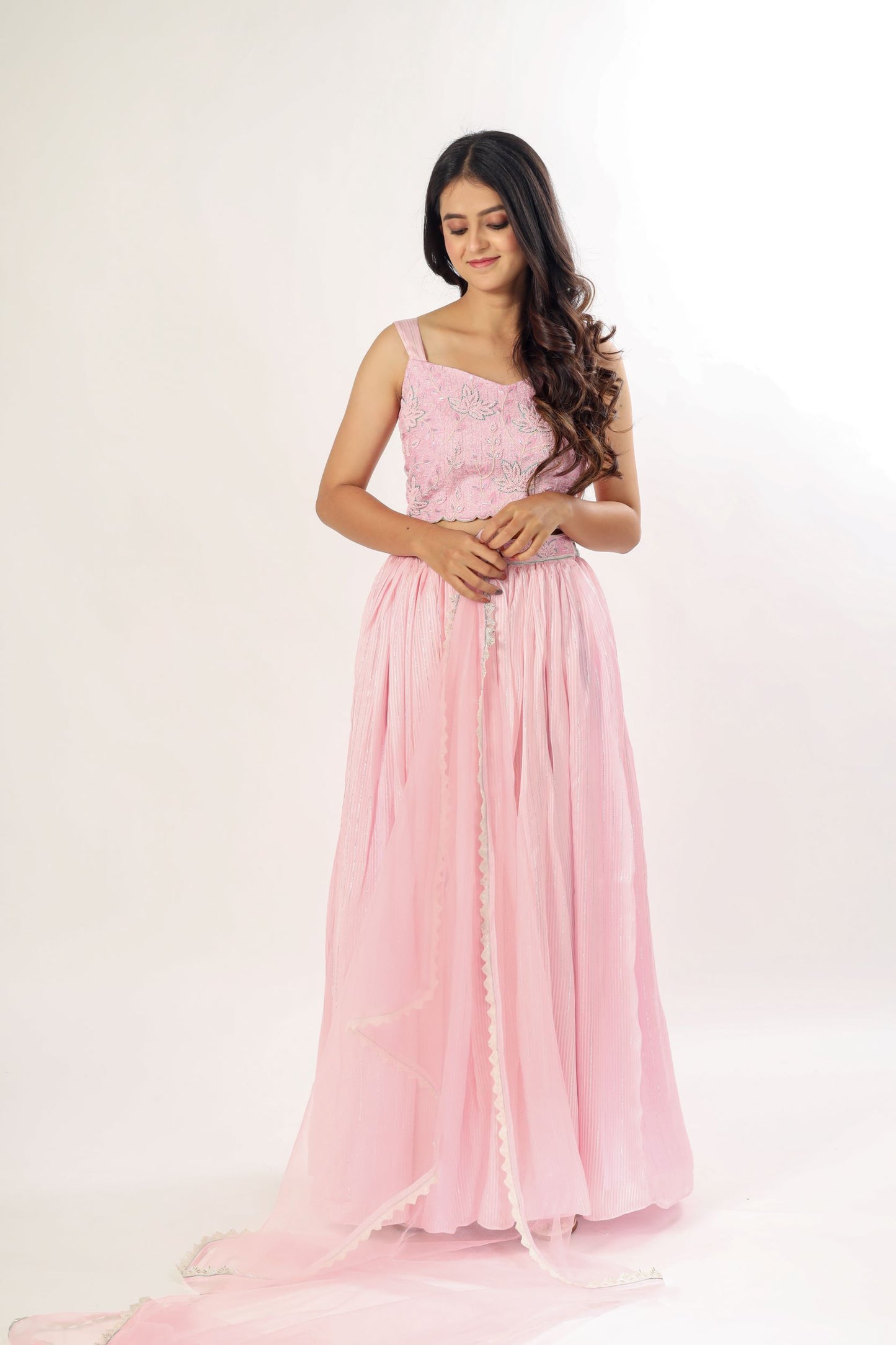 VRUTA - Pastel pink pleated lehenga choli set with dupatta