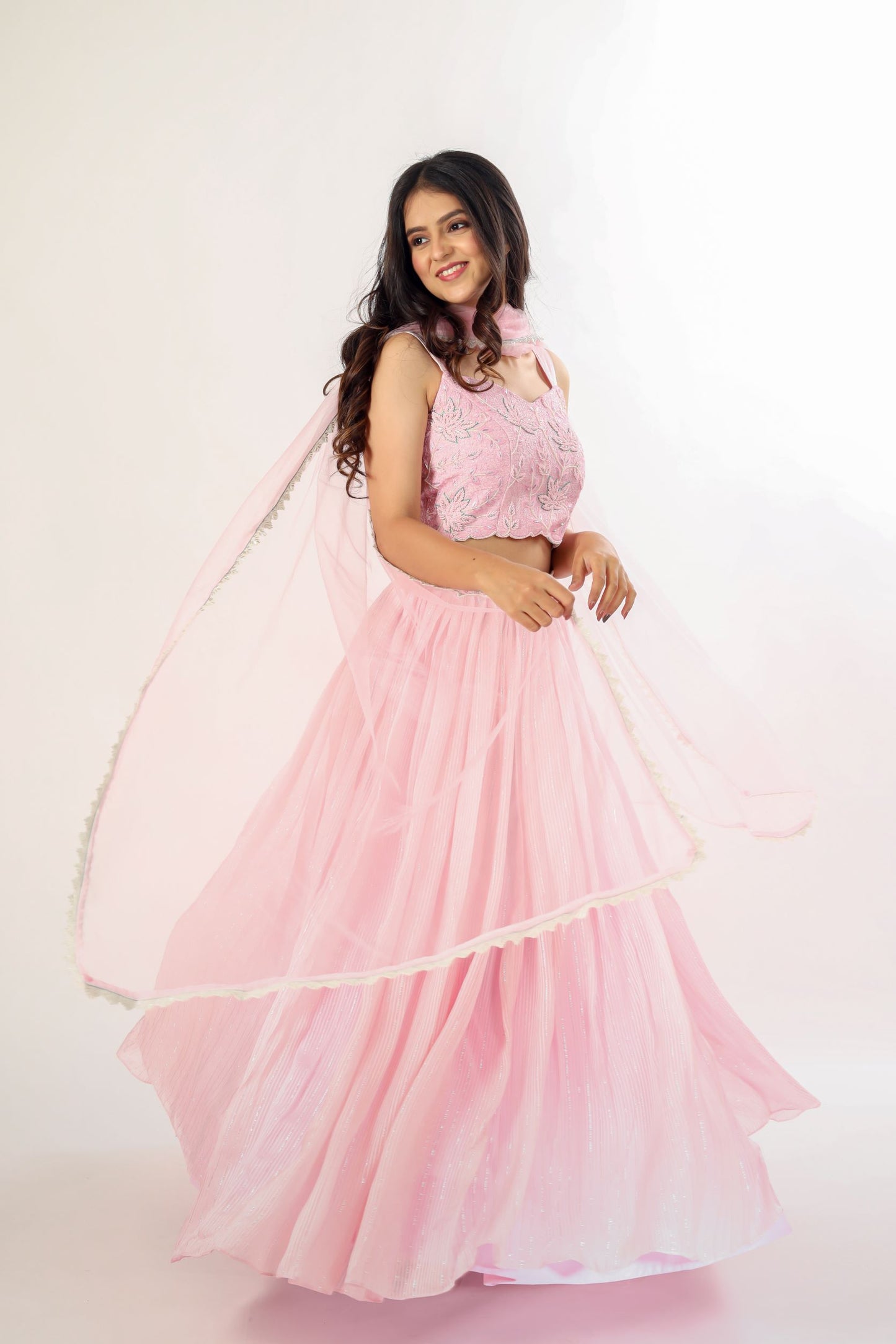 VRUTA - Pastel pink pleated lehenga choli set with dupatta