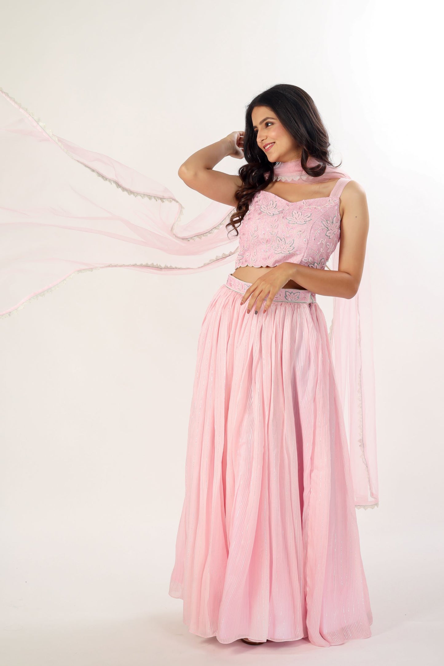 VRUTA - Pastel pink pleated lehenga choli set with dupatta