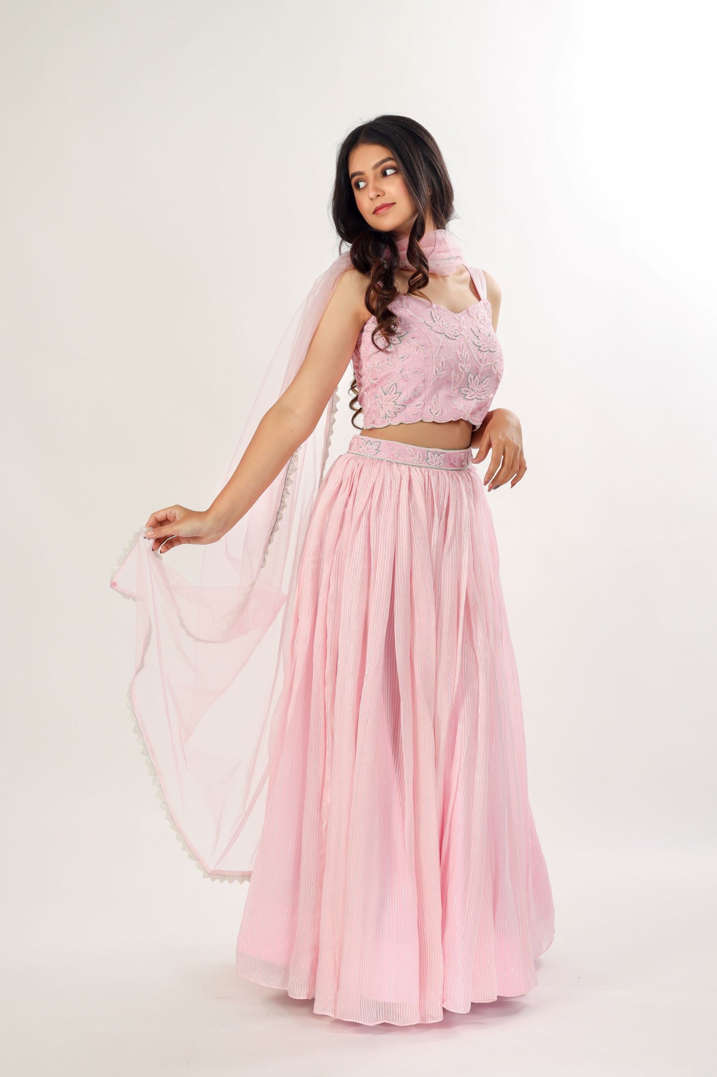 VRUTA - Pastel pink pleated lehenga choli set with dupatta