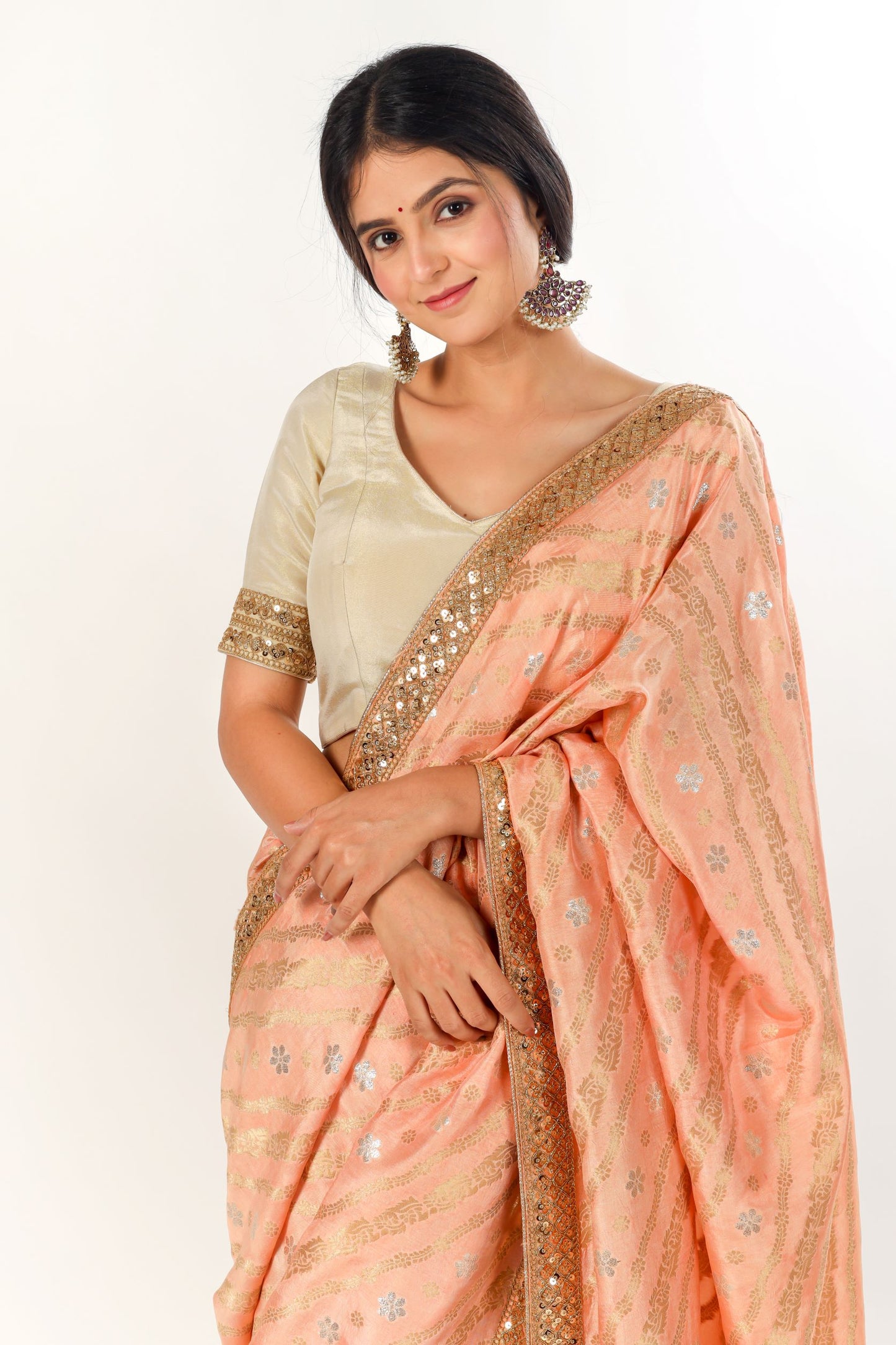 YODHINI - Golden Peach Jamdani/Banarasi Jaal Saree