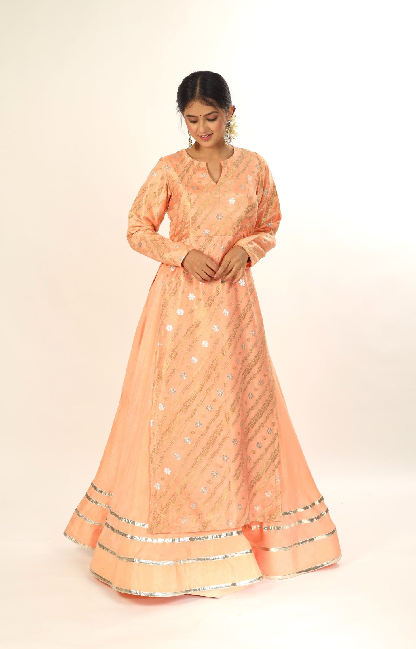 SYRA - Golden Peach Kurta with Gott Patti Skirt and Dupatta