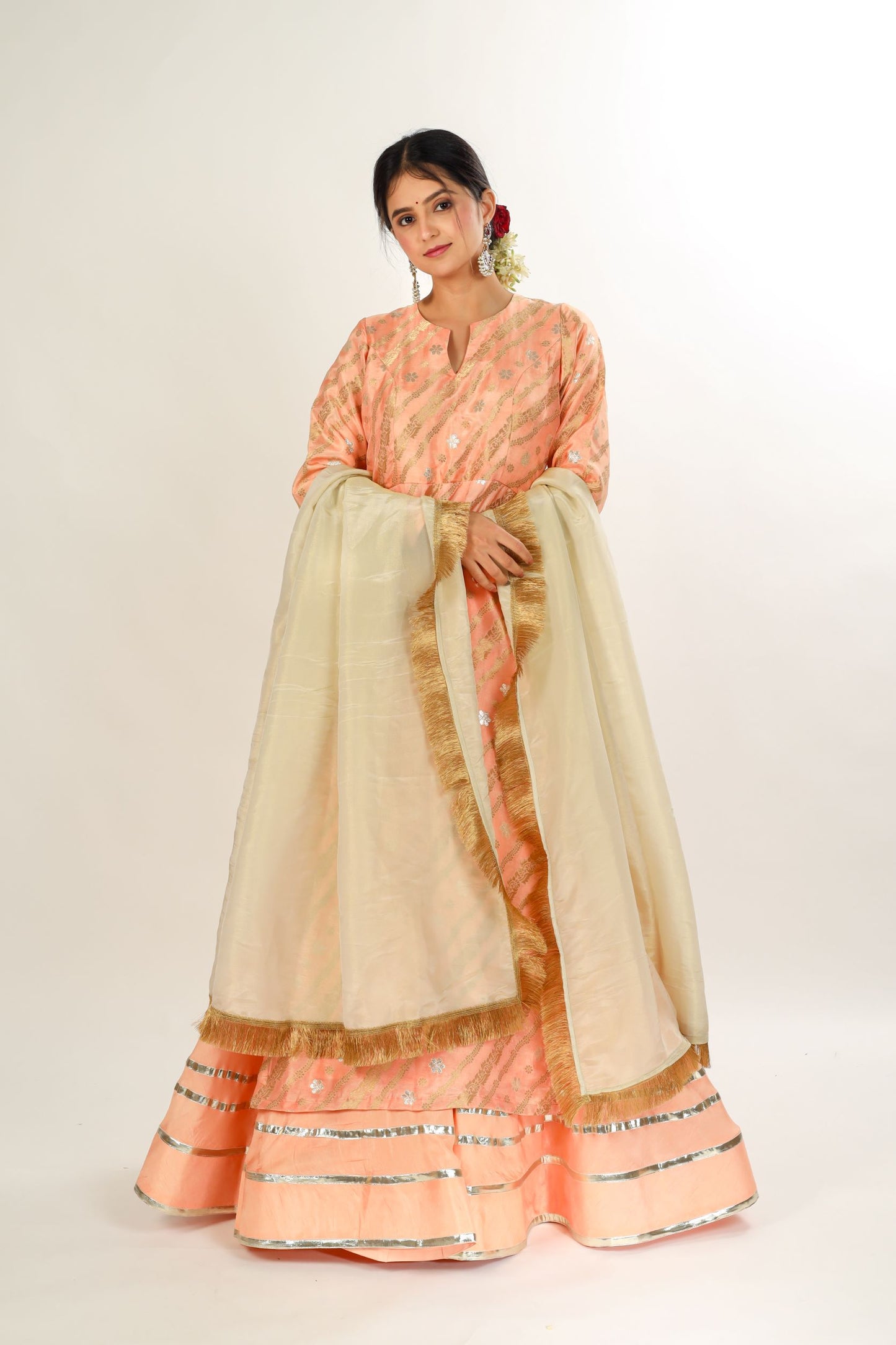 SYRA - Golden Peach Kurta with Gott Patti Skirt and Dupatta