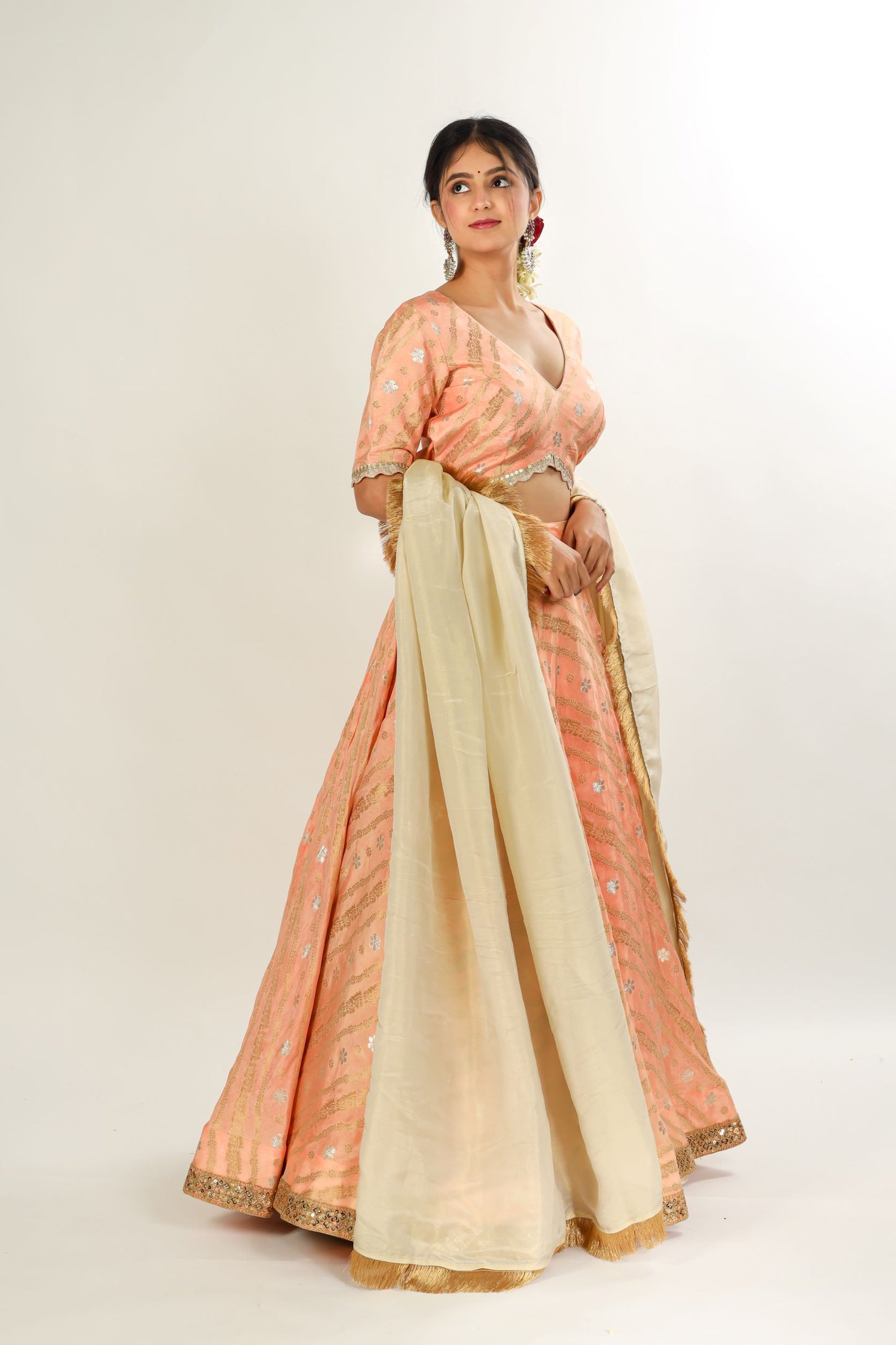 SAAVI - Golden Peach Jamdani Silk Lehenga with blouse and dupatta