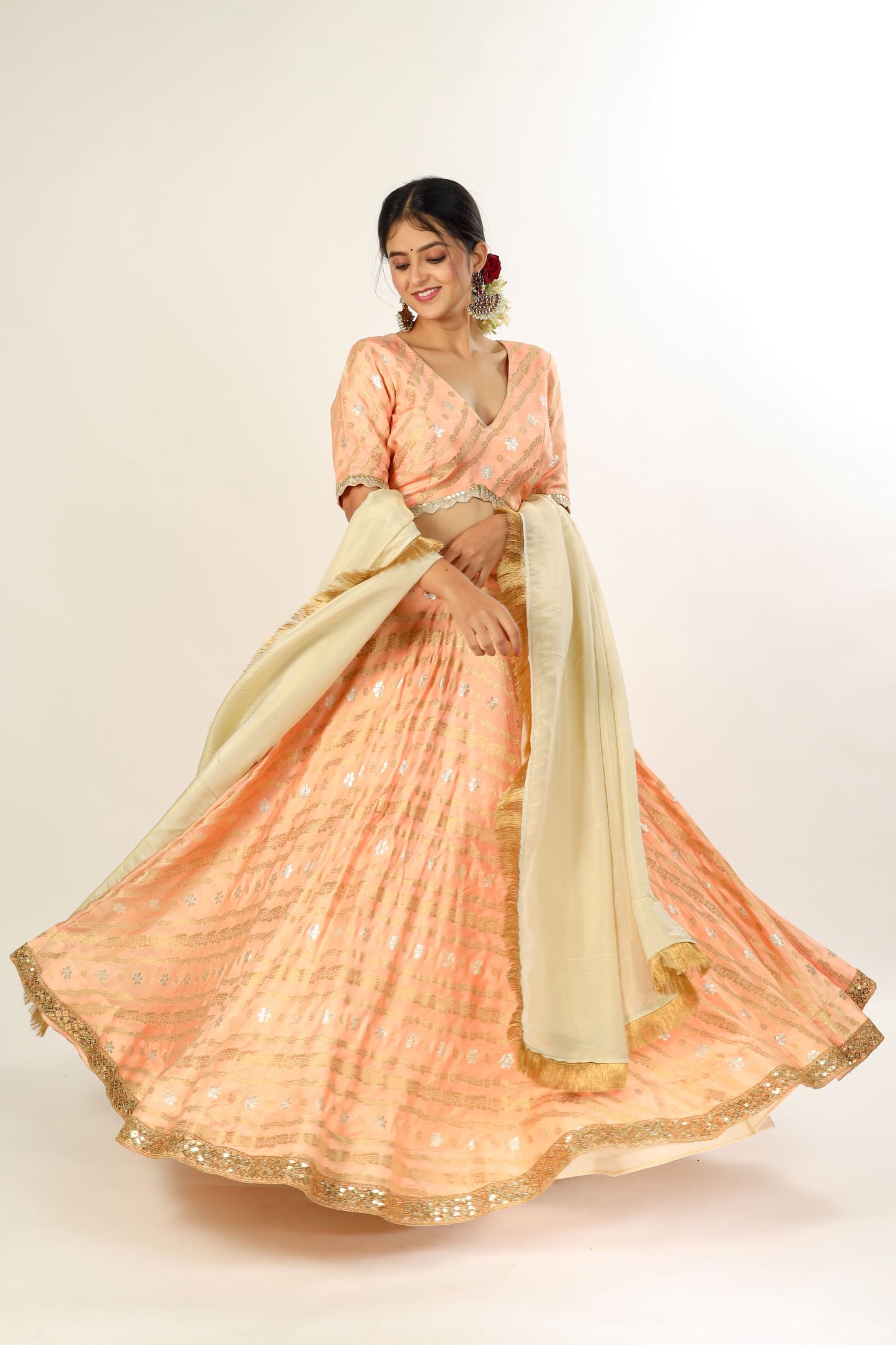 SAAVI - Golden Peach Jamdani Silk Lehenga with blouse and dupatta