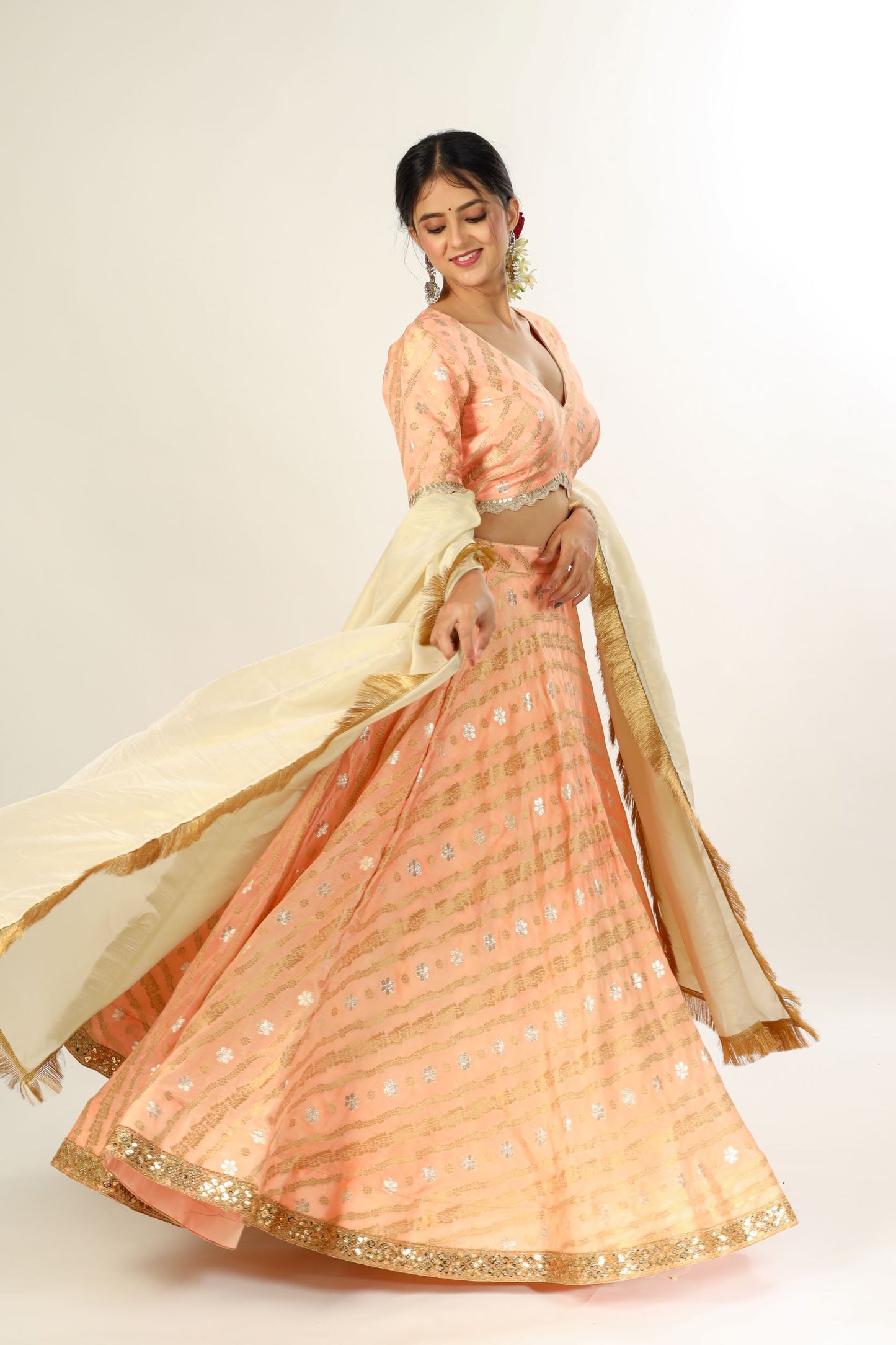 SAAVI - Golden Peach Jamdani Silk Lehenga with blouse and dupatta