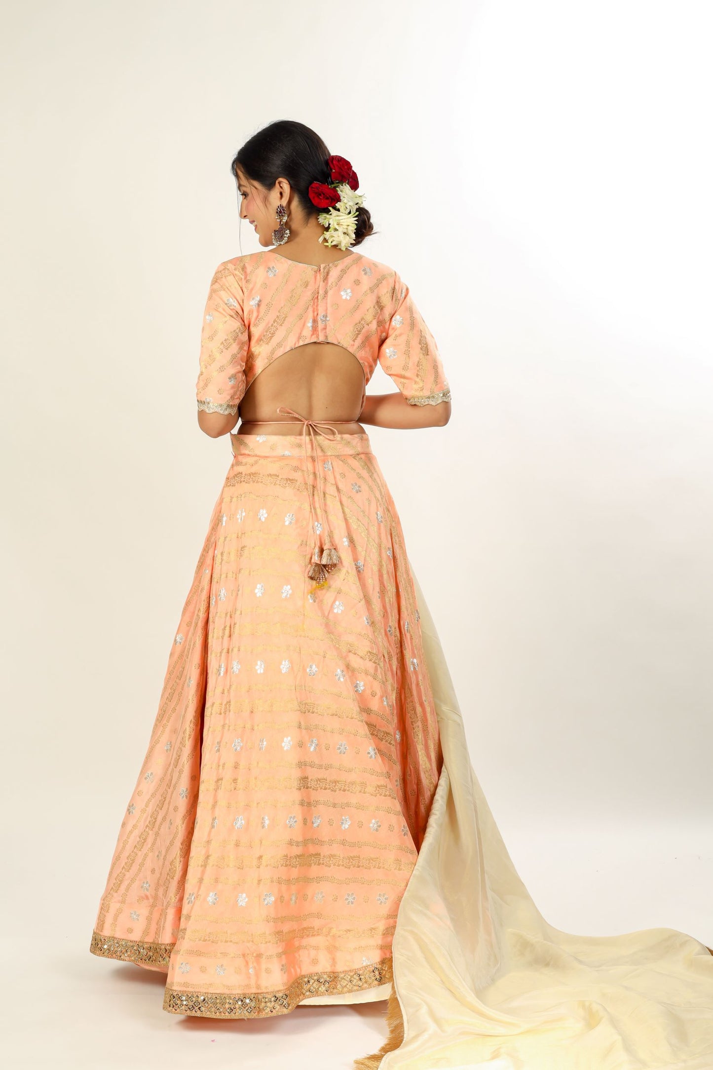 SAAVI - Golden Peach Jamdani Silk Lehenga with blouse and dupatta