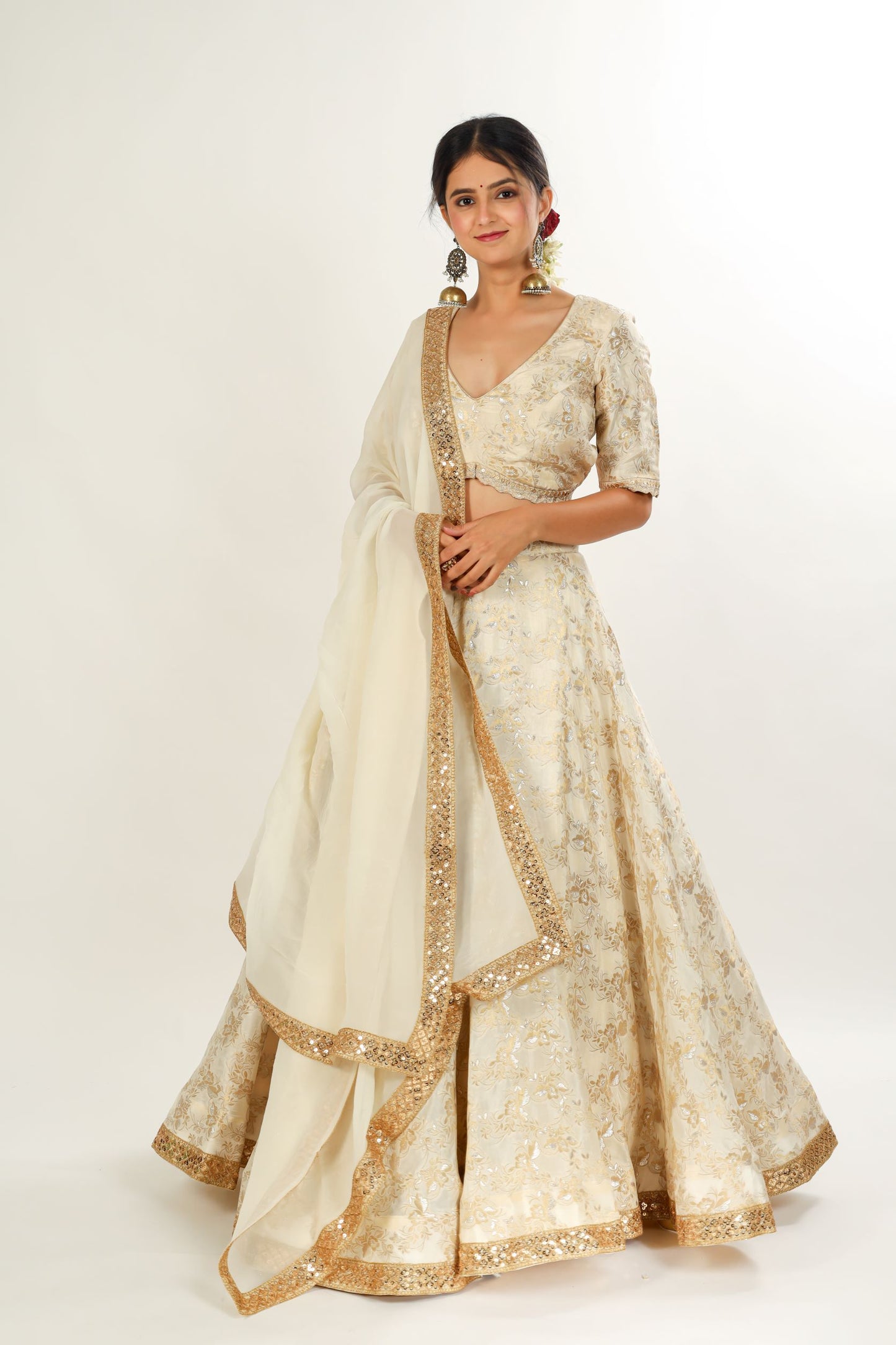 ABHISRI - Ivory Gold Jamdani Silk Lehenga with blouse and dupatta