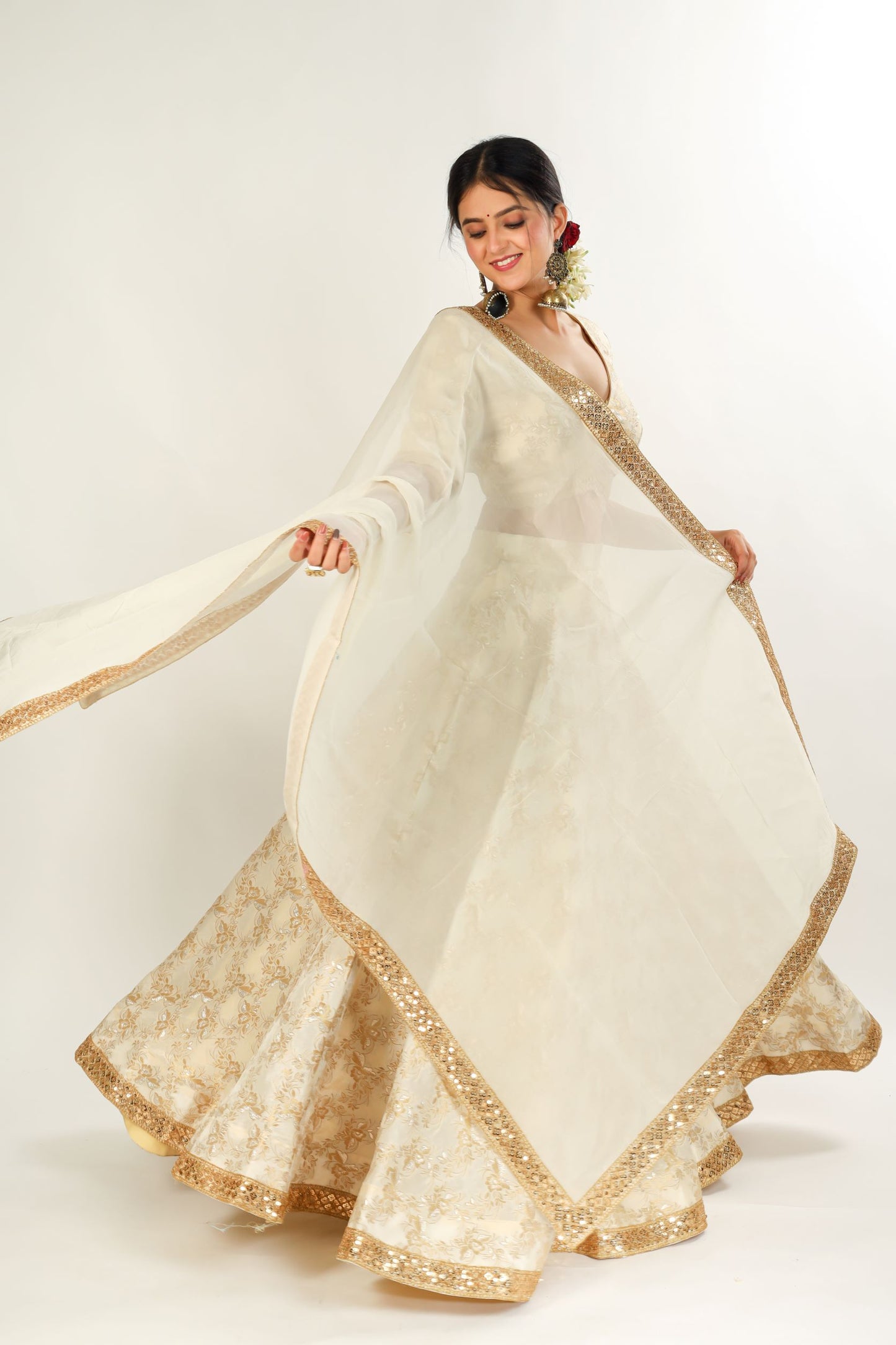 ABHISRI - Ivory Gold Jamdani Silk Lehenga with blouse and dupatta