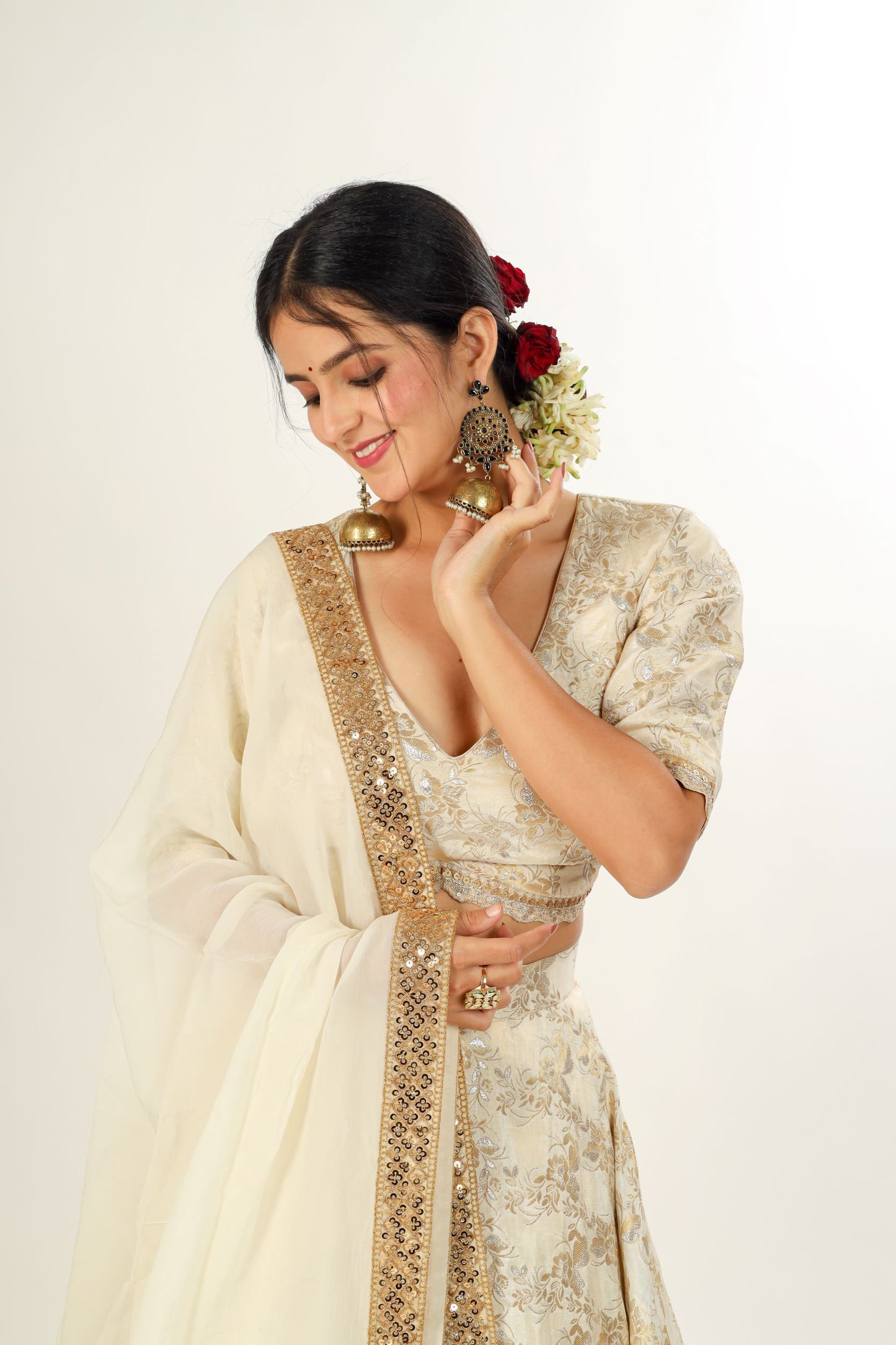 ABHISRI - Ivory Gold Jamdani Silk Lehenga with blouse and dupatta