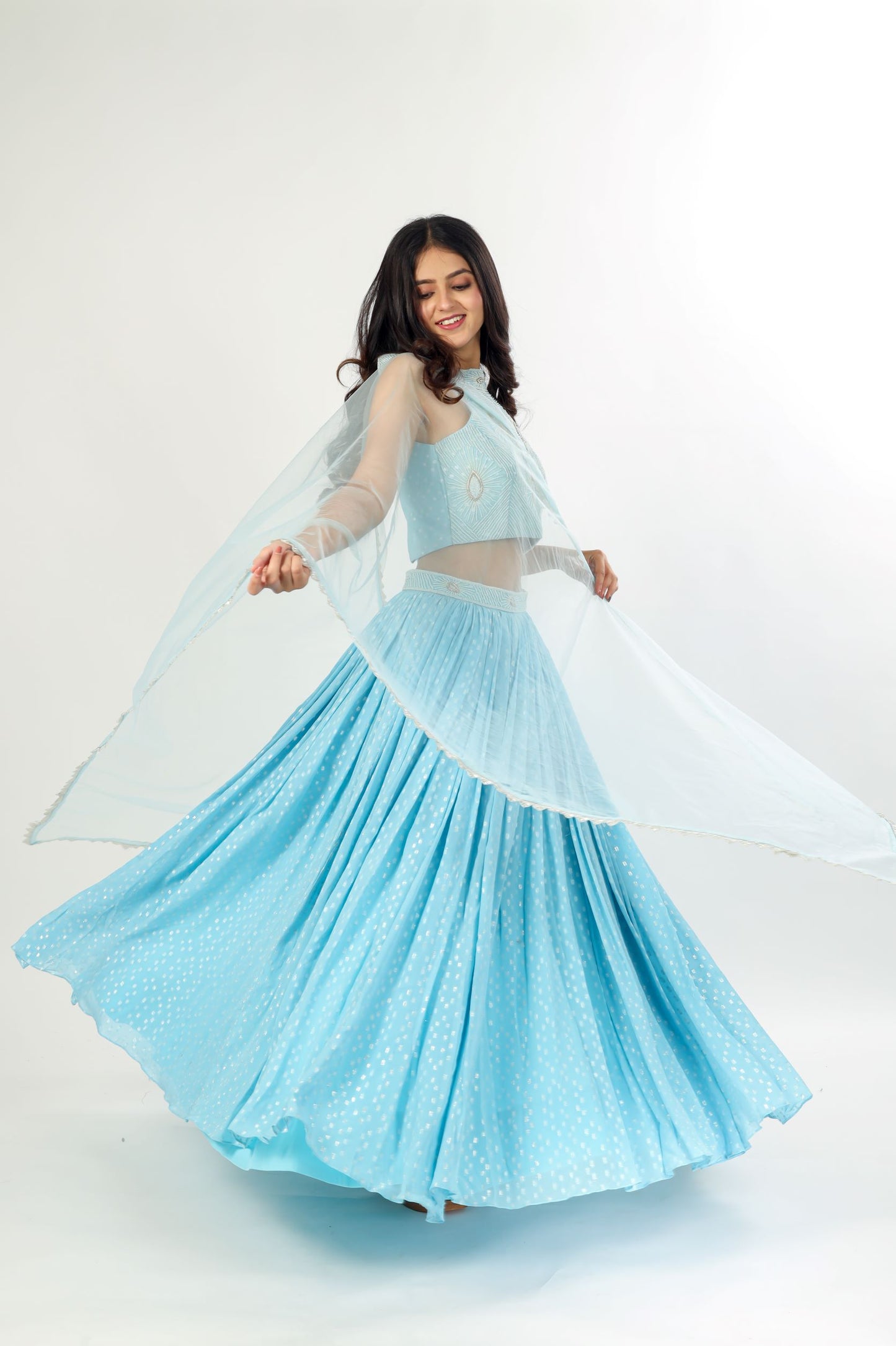 ATTIKA - Sky Blue hand work Lehenga choli set with dupatta