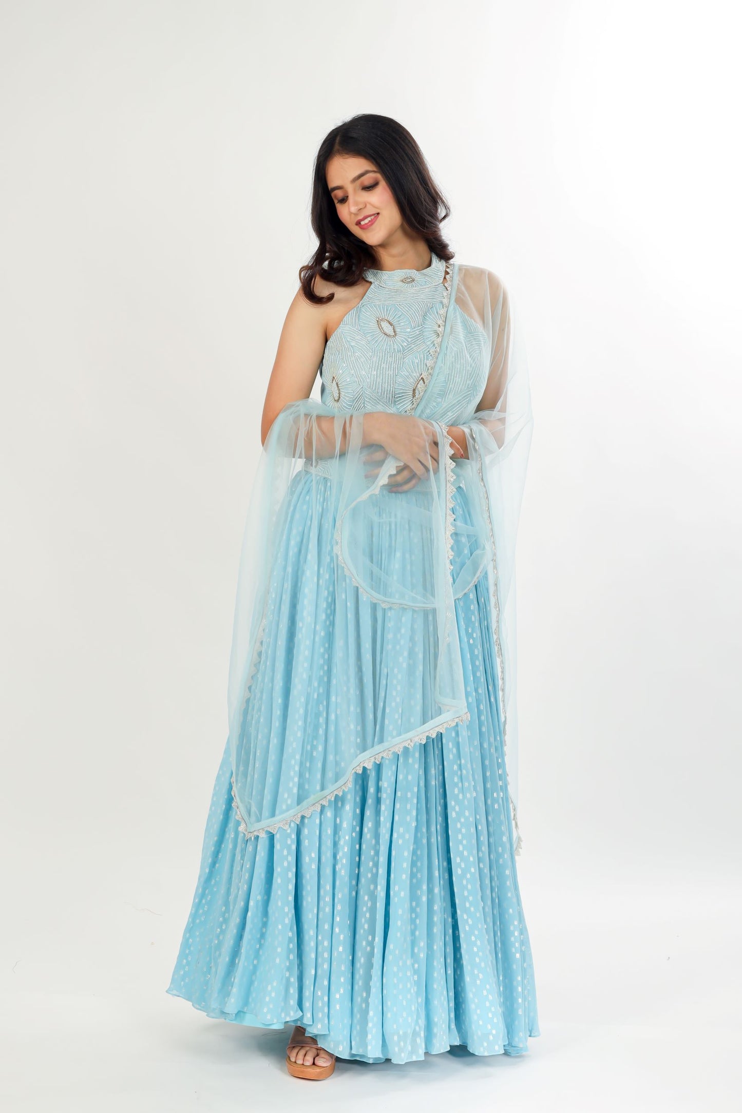 ATTIKA - Sky Blue hand work Lehenga choli set with dupatta