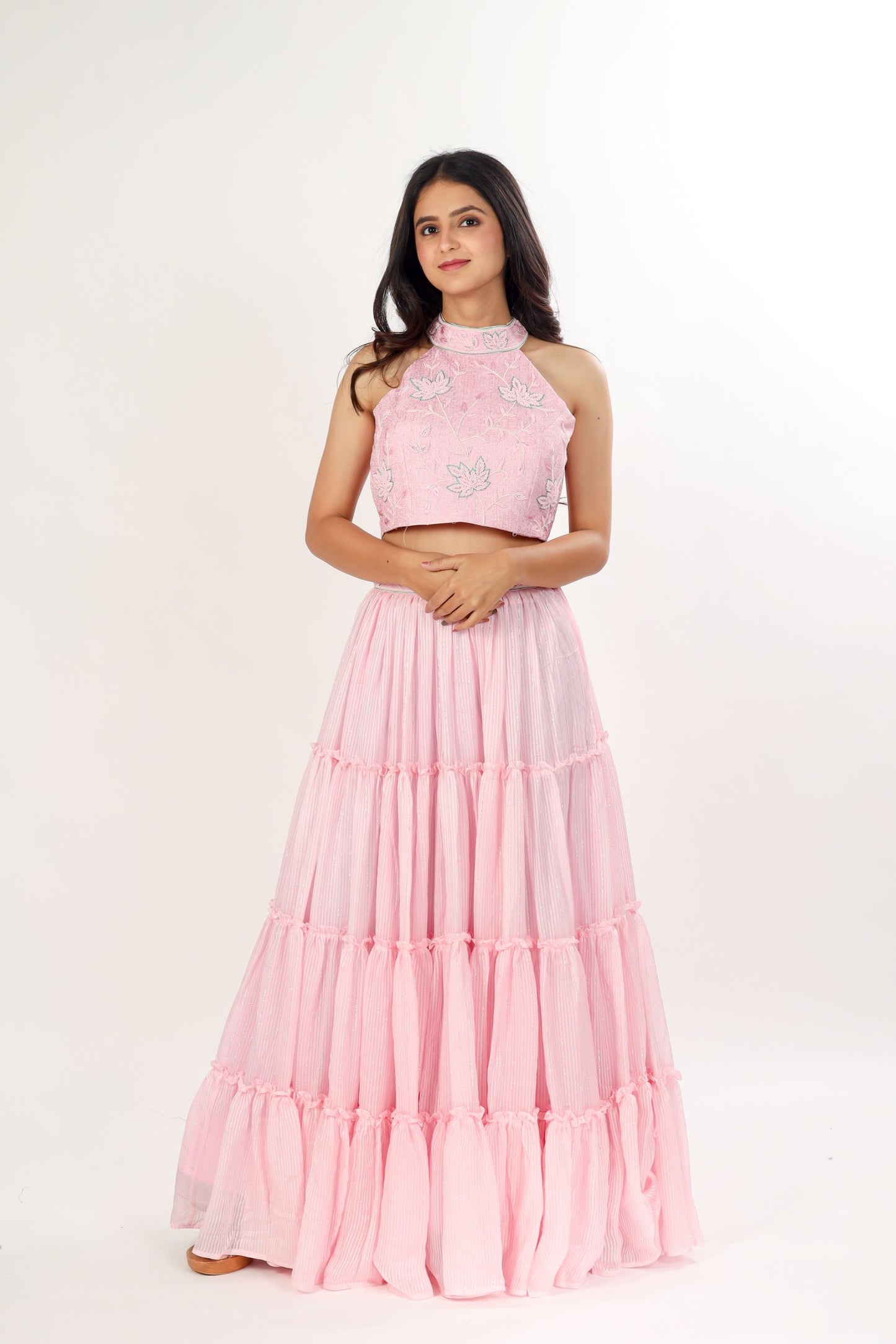 GHULIKA - Pink Tiered Lehenga with hand-work choli and dupatta