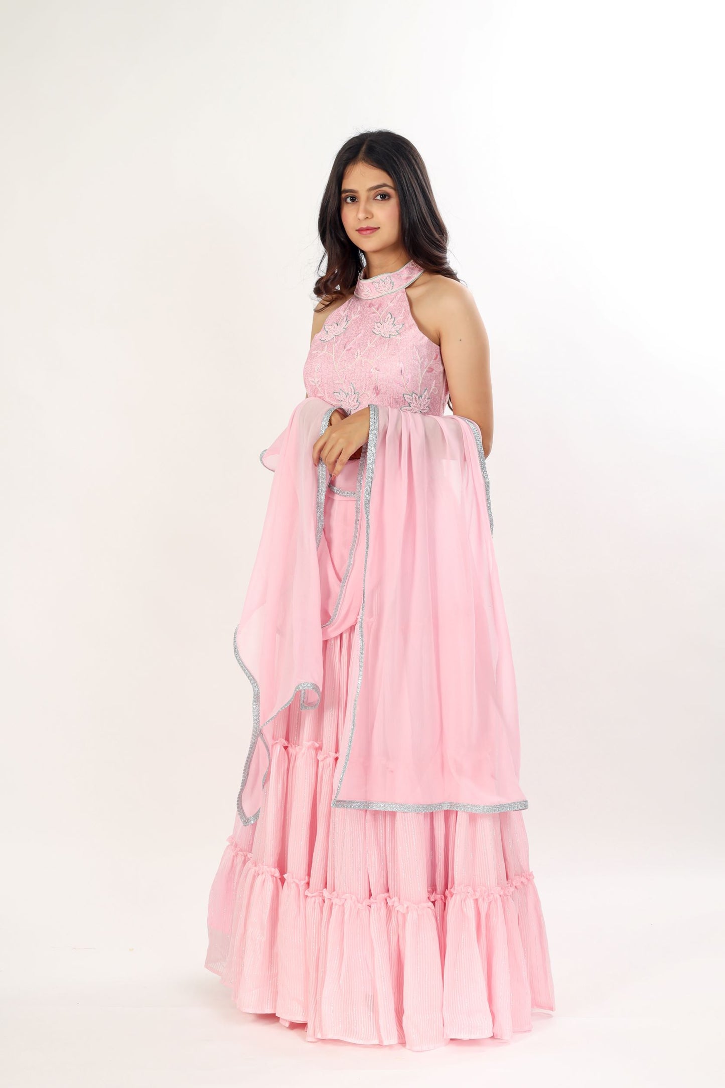 GHULIKA - Pink Tiered Lehenga with hand-work choli and dupatta