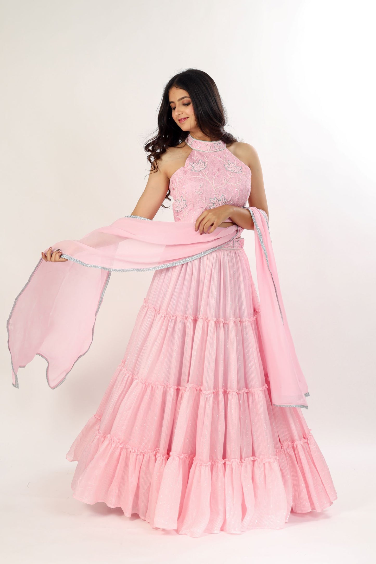 GHULIKA - Pink Tiered Lehenga with hand-work choli and dupatta