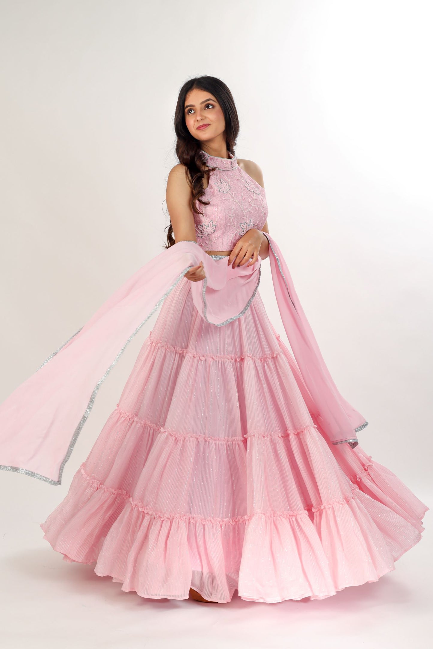 GHULIKA - Pink Tiered Lehenga with hand-work choli and dupatta