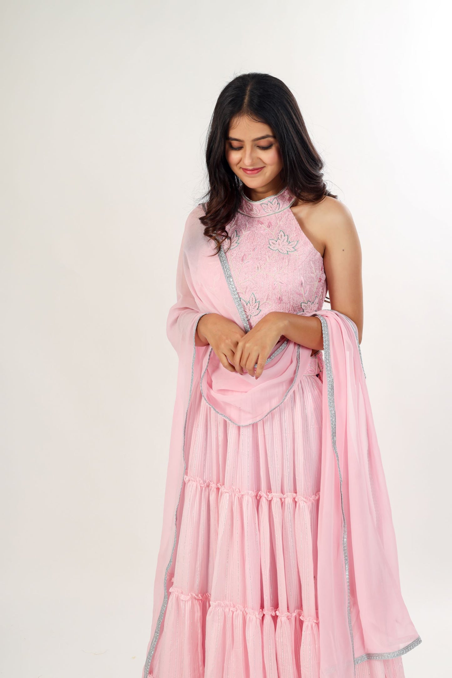 GHULIKA - Pink Tiered Lehenga with hand-work choli and dupatta