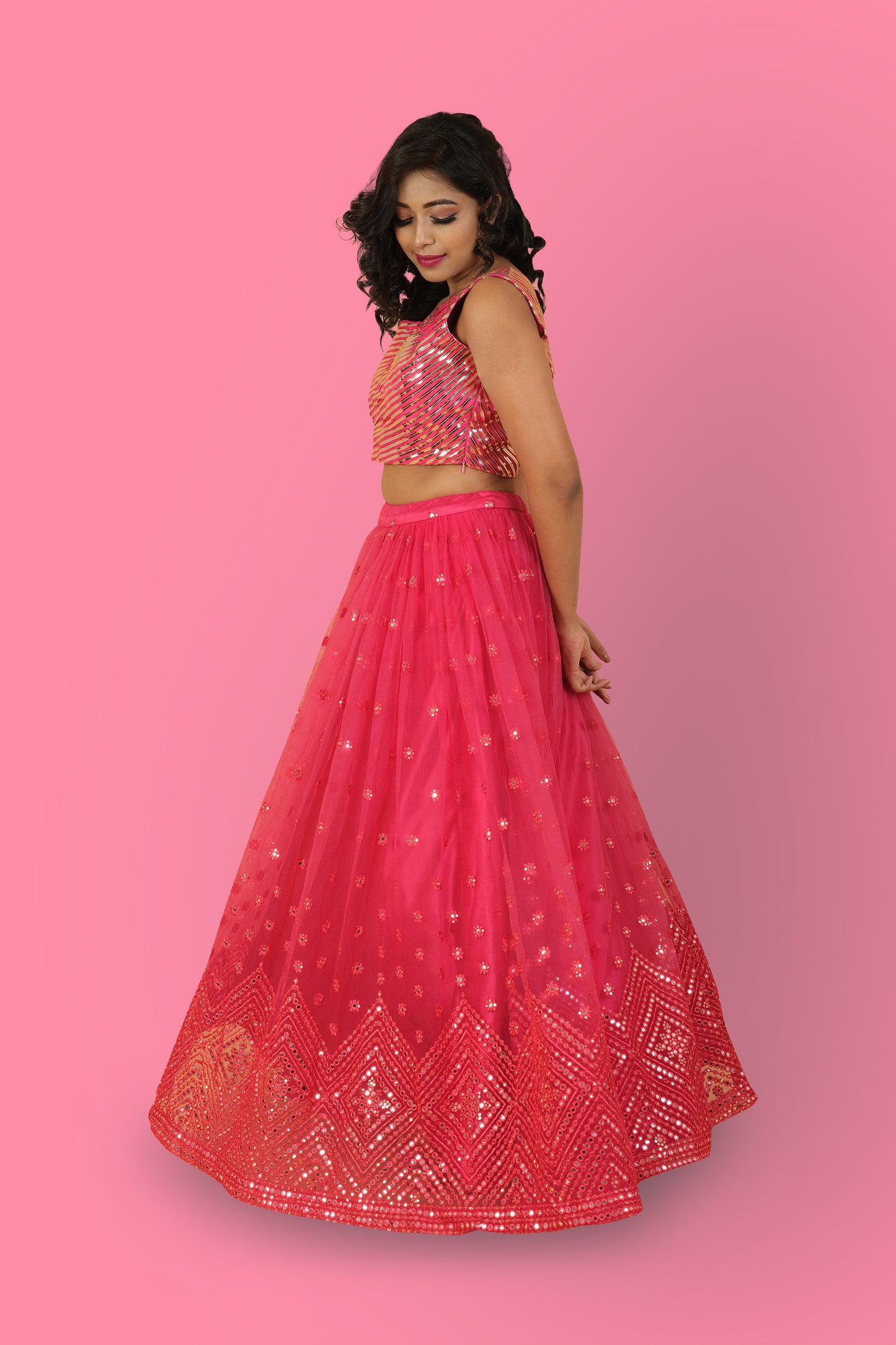 TARA - One-shoulder Blouse with Self work lehnga