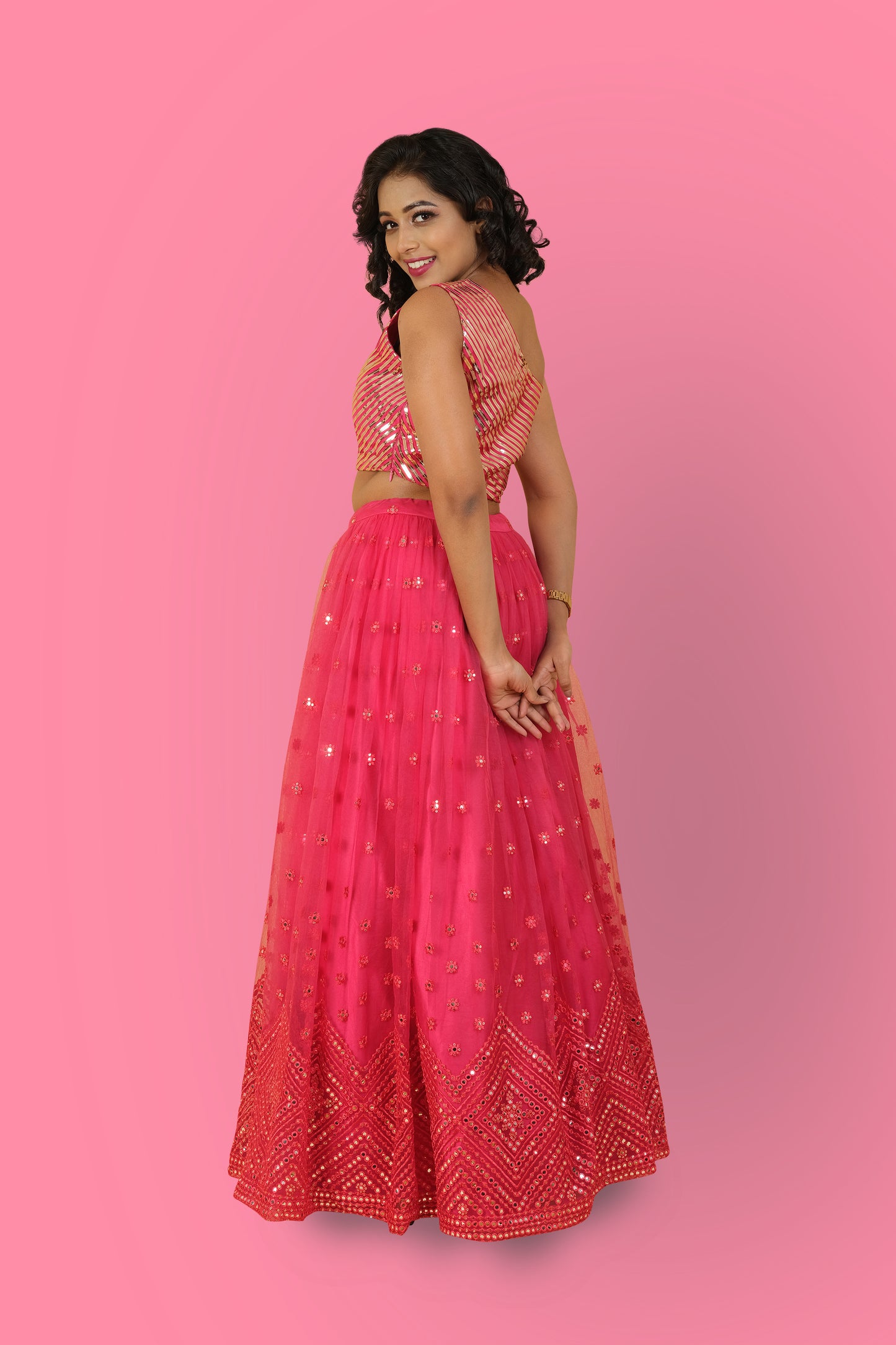 TARA - One-shoulder Blouse with Self work lehnga