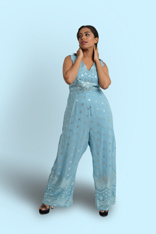 MAINA - Georgette jumpsuit with mirror detailing all over